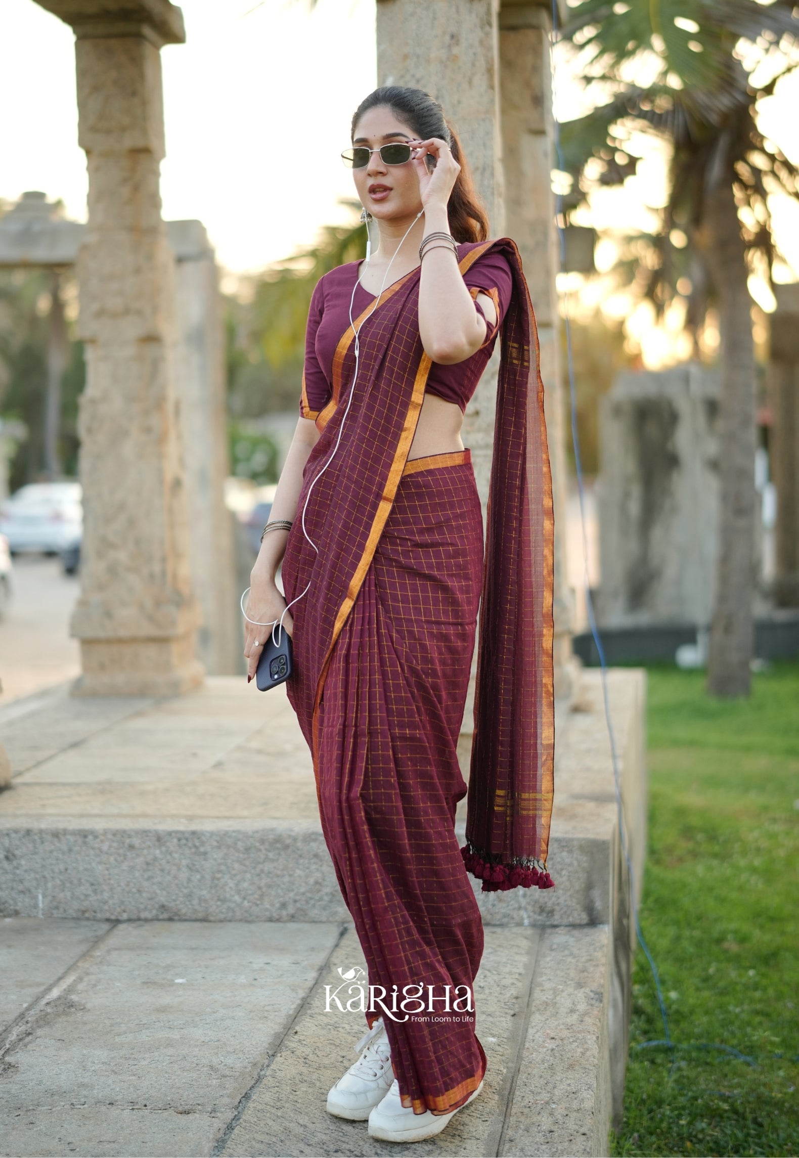 Amber Check Heritage Mul Cotton Saree