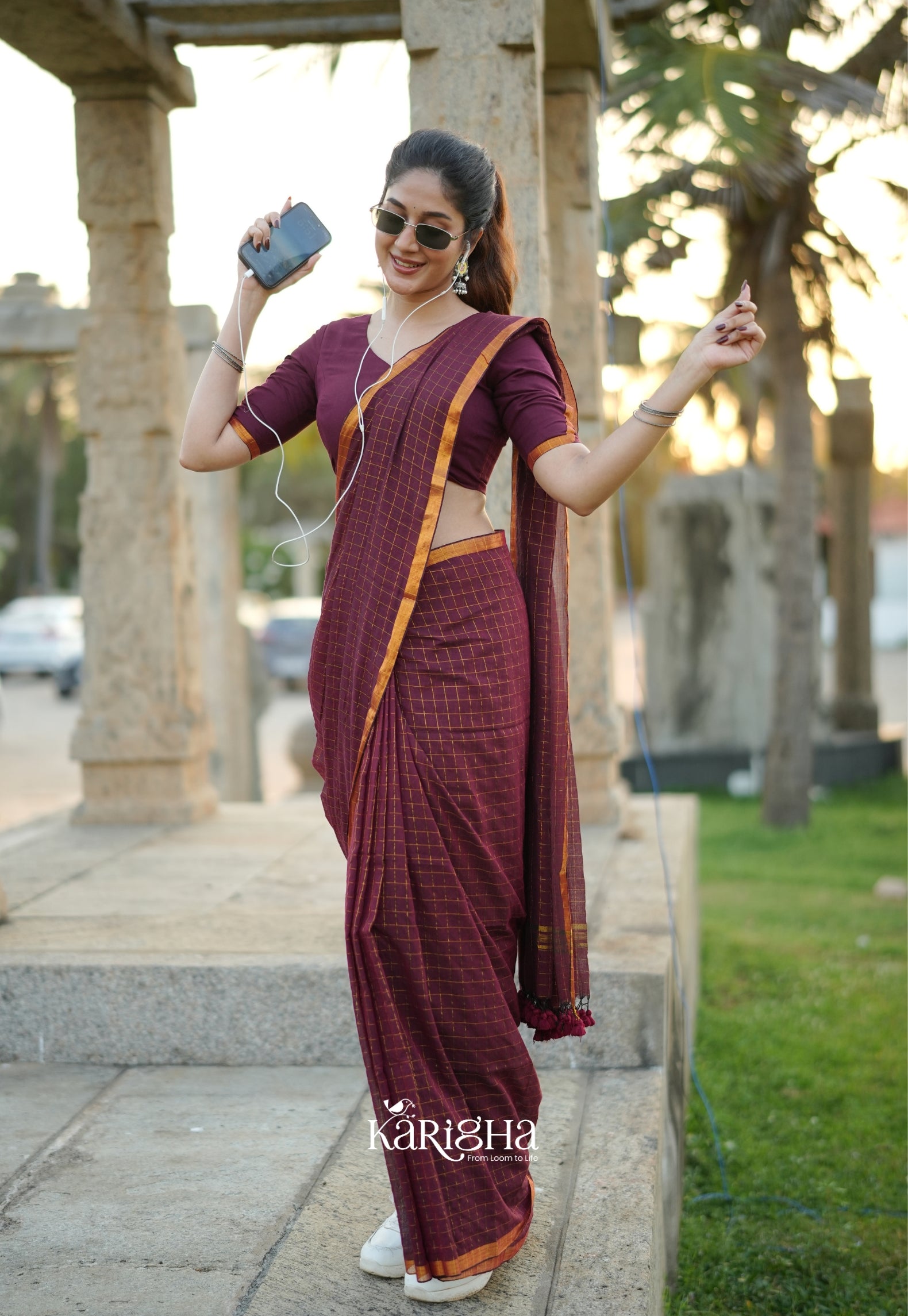 Amber Check Heritage Mul Cotton Saree