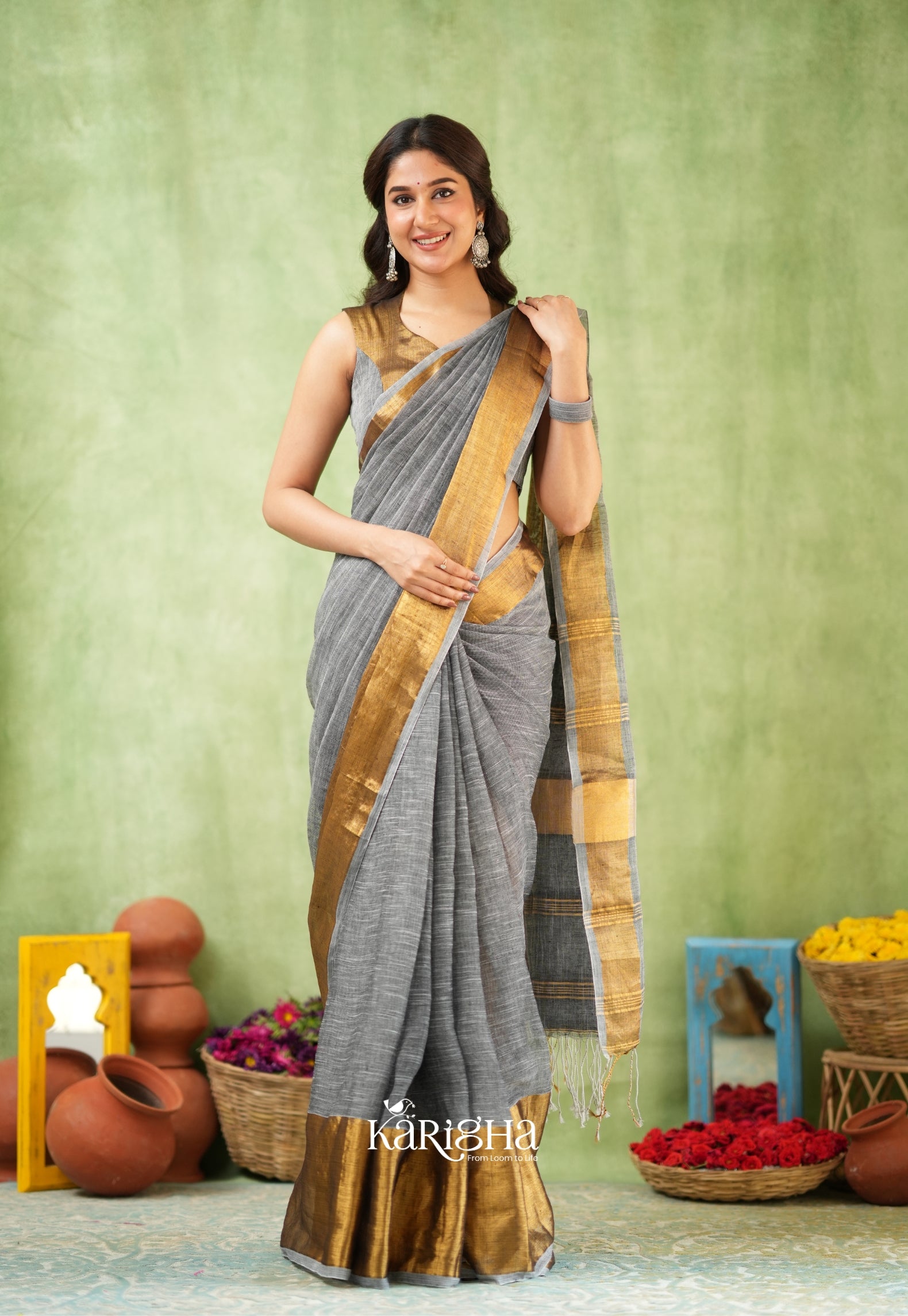 Gilded Linen Grace – Cotton Linen Saree with Radiant Edge