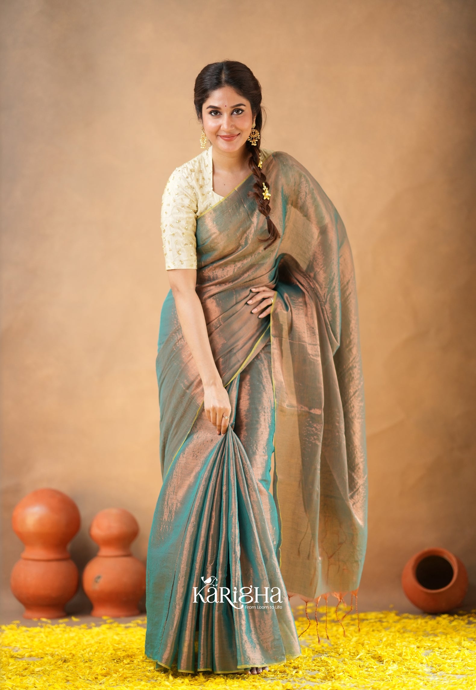 Pearl Petal – Tissue Saree with Delicate Bead Accents