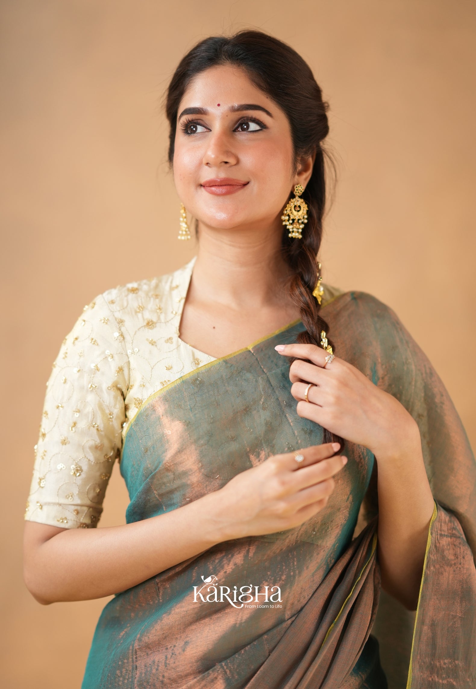 Pearl Petal – Tissue Saree with Delicate Bead Accents