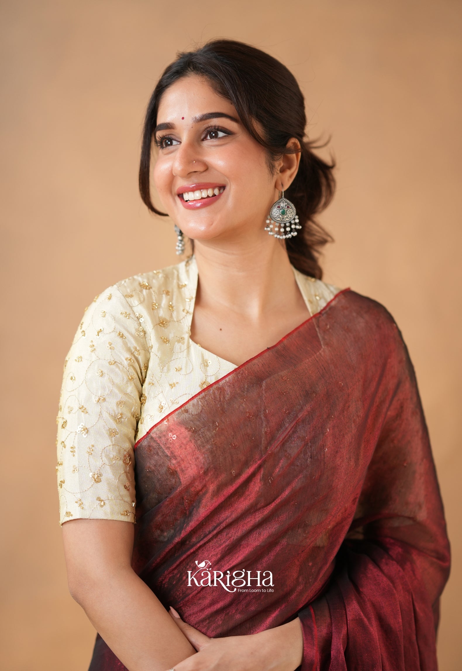 Pearl Petal – Tissue Saree with Delicate Bead Accents