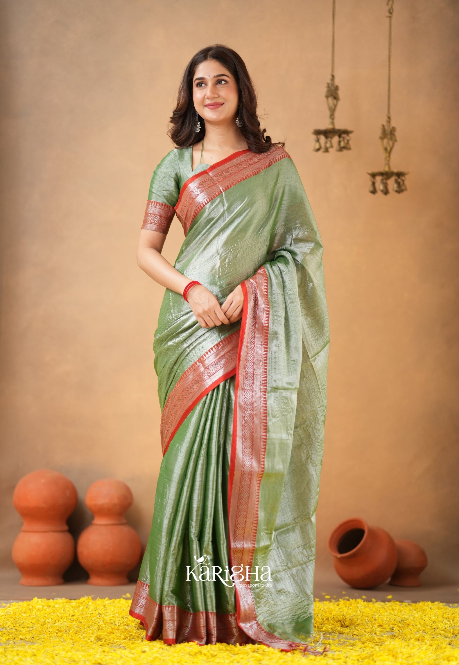 Vermilion Grace – Elegant Tissue Saree with Statement Edge