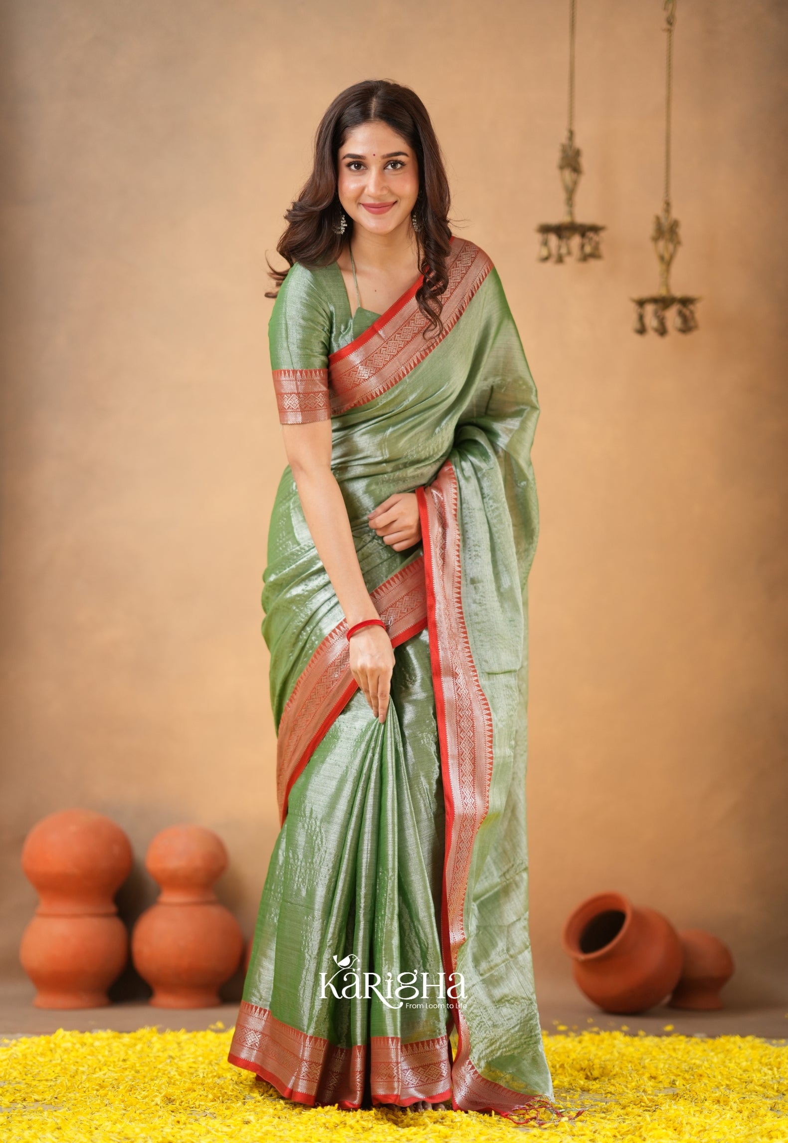 Vermilion Grace – Elegant Tissue Saree with Statement Edge
