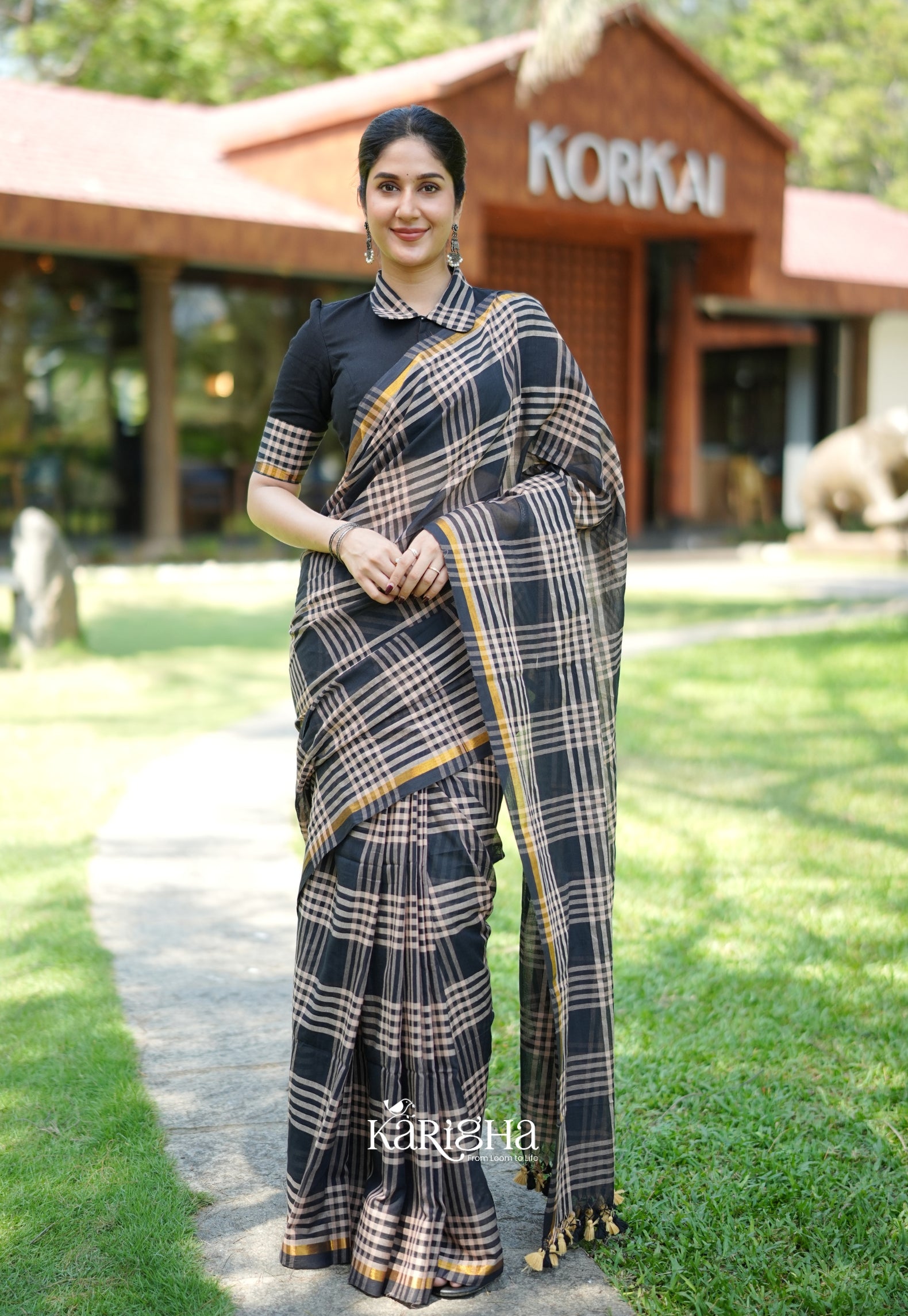 Raven Thread Check Charm Saree