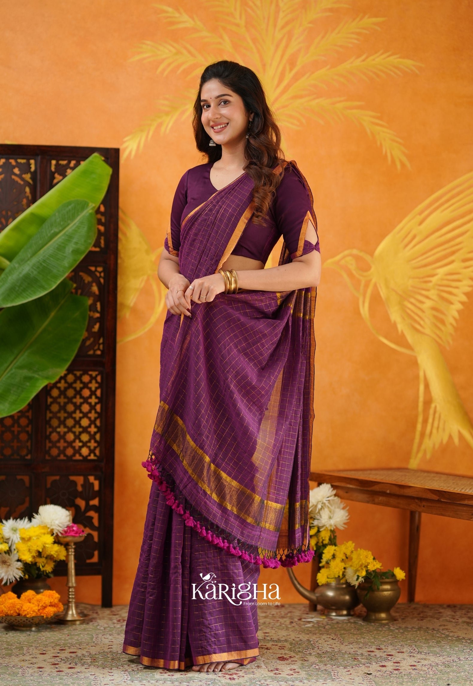 Amber Check Heritage Mul Cotton Saree