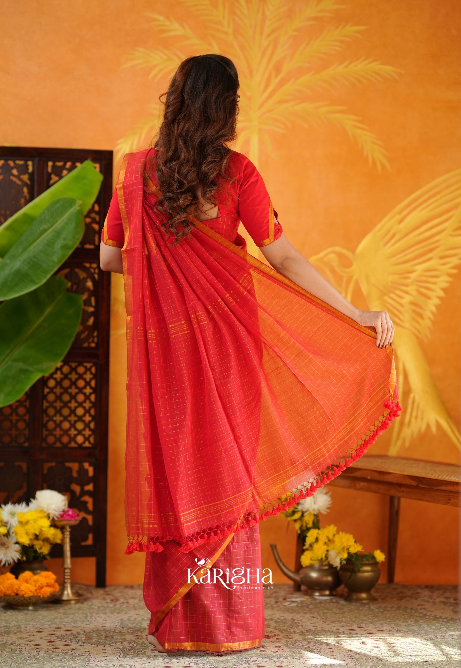 Amber Check Heritage Mul Cotton Saree