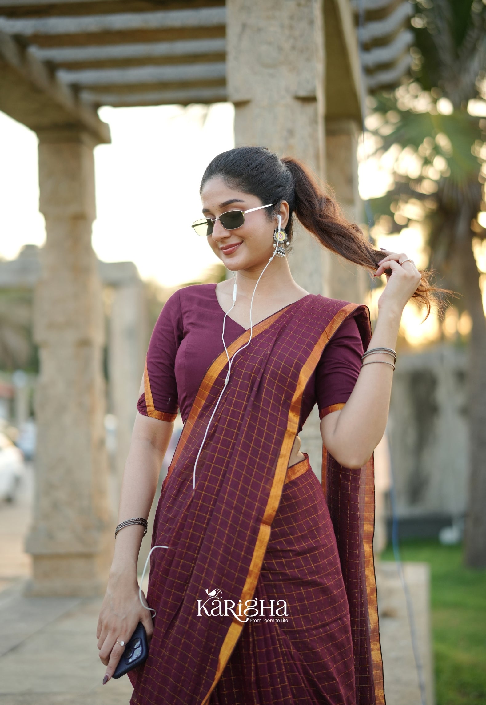 Amber Check Heritage Mul Cotton Saree