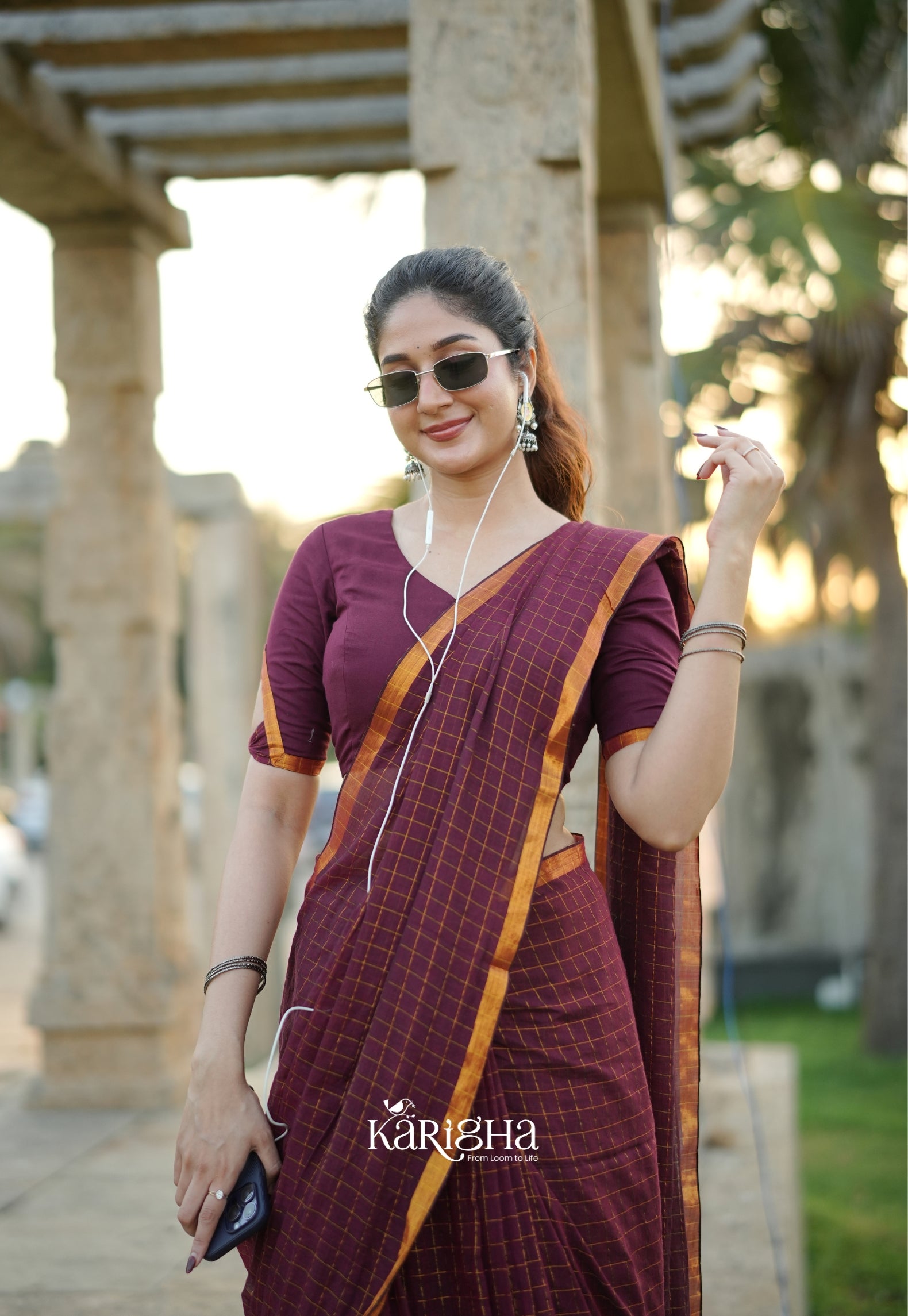 Amber Check Heritage Mul Cotton Saree