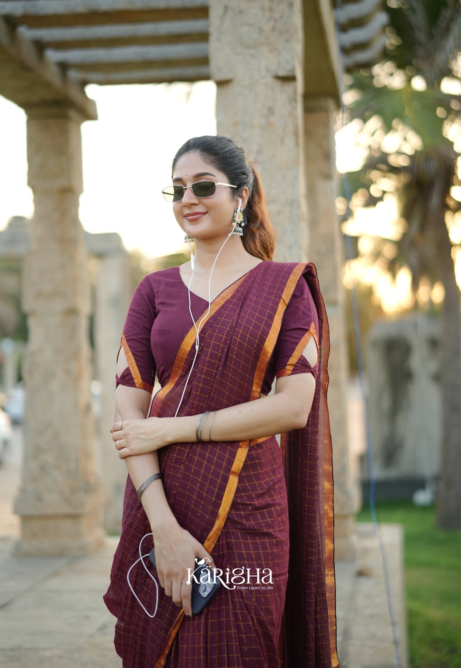 Amber Check Heritage Mul Cotton Saree