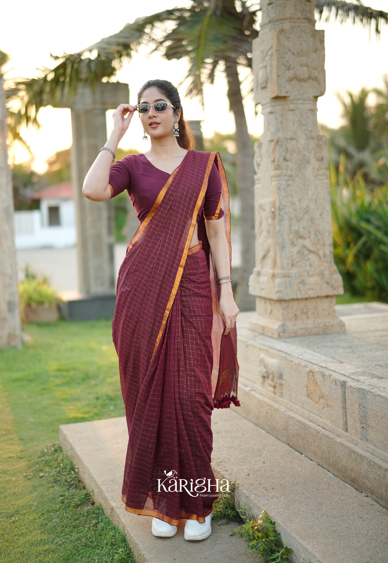 Amber Check Heritage Mul Cotton Saree