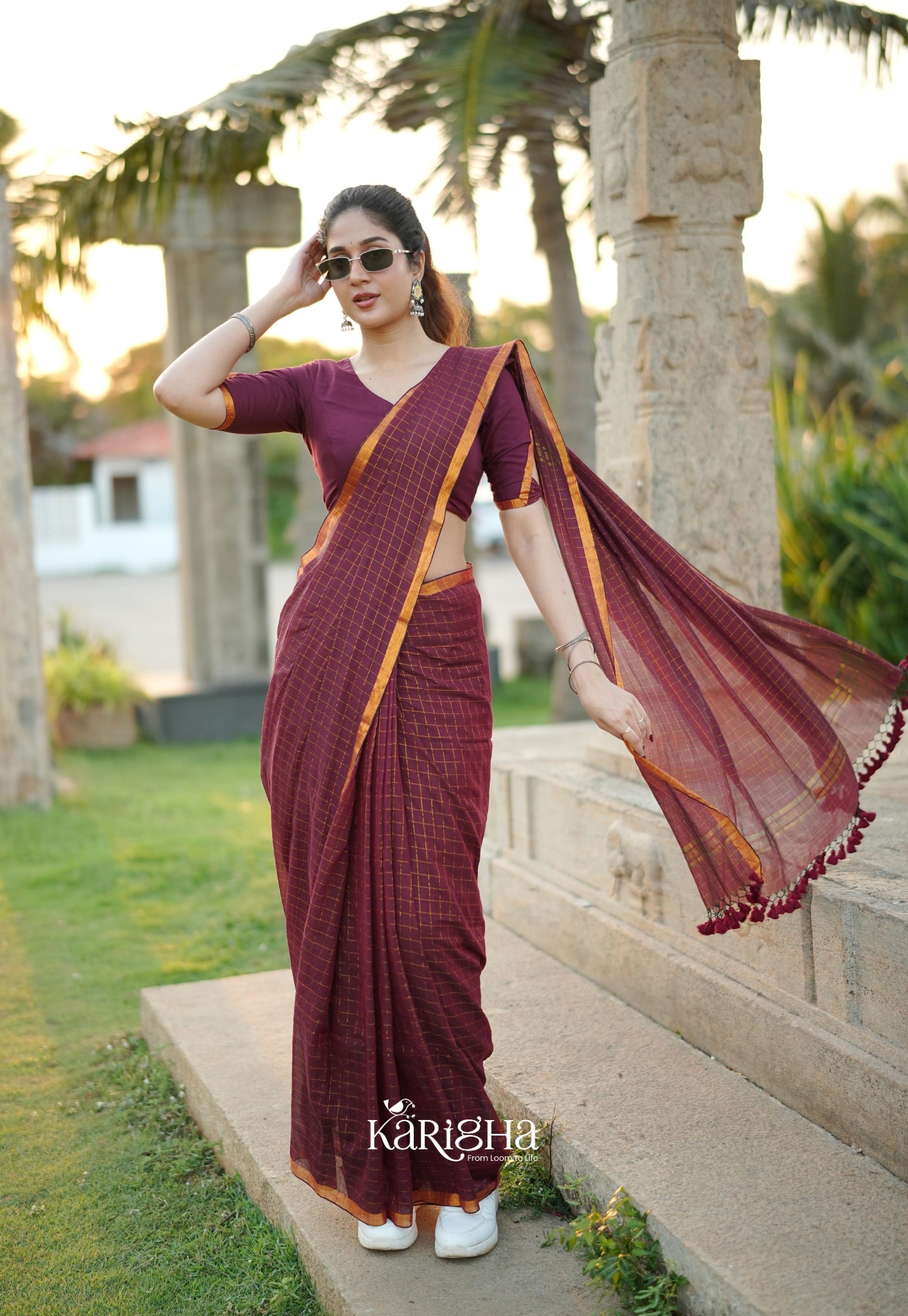 Amber Check Heritage Mul Cotton Saree