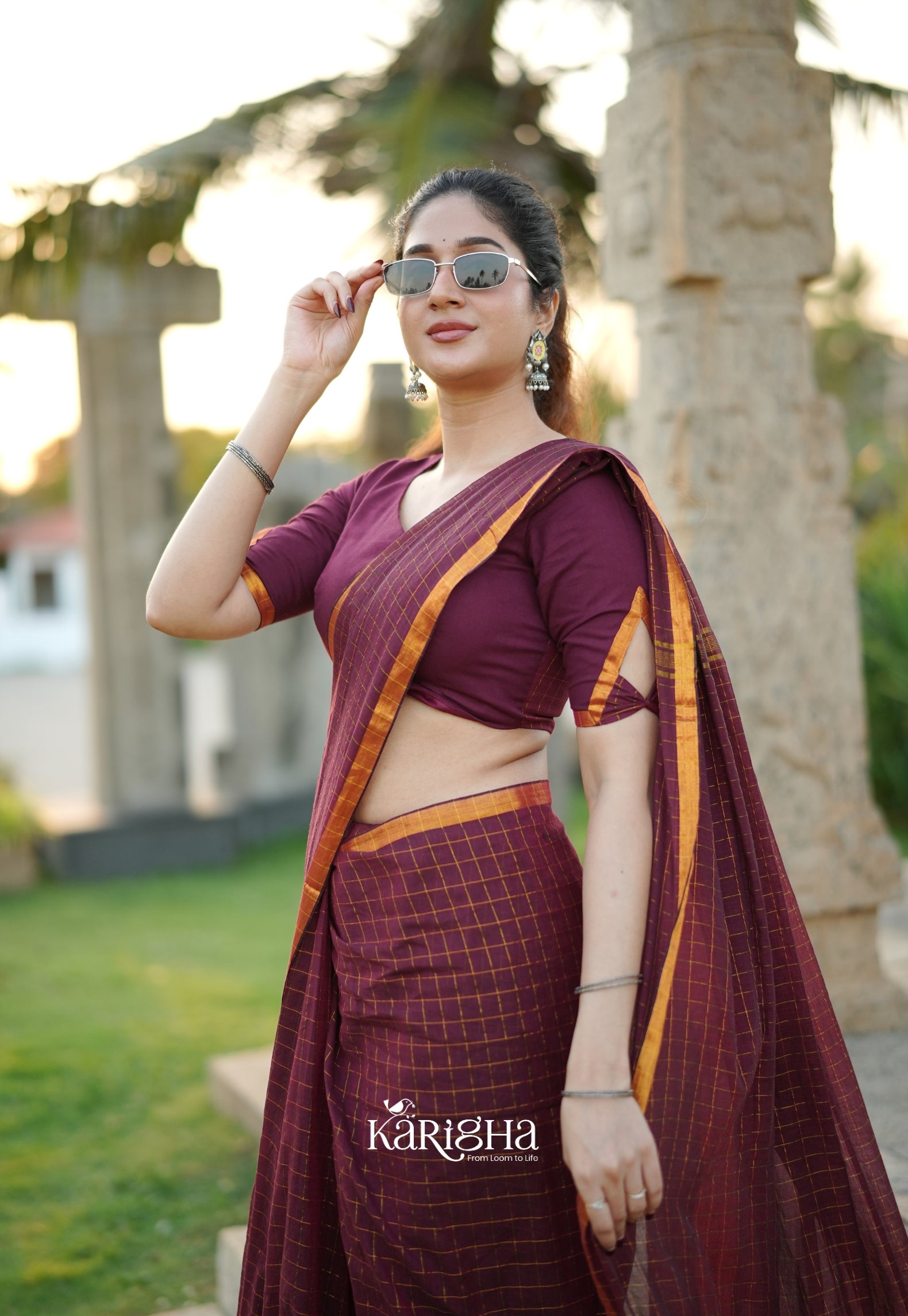 Amber Check Heritage Mul Cotton Saree