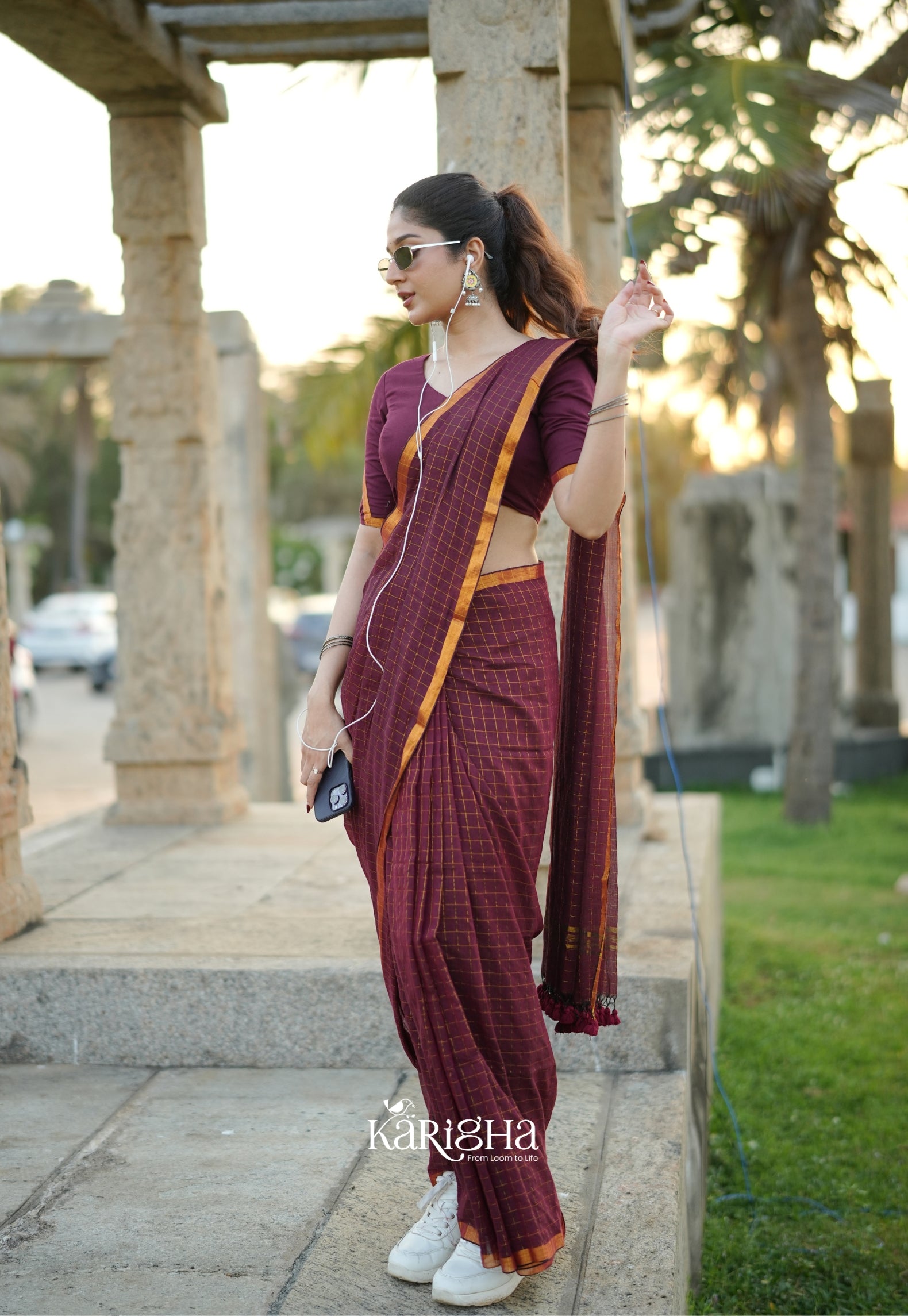 Amber Check Heritage Mul Cotton Saree