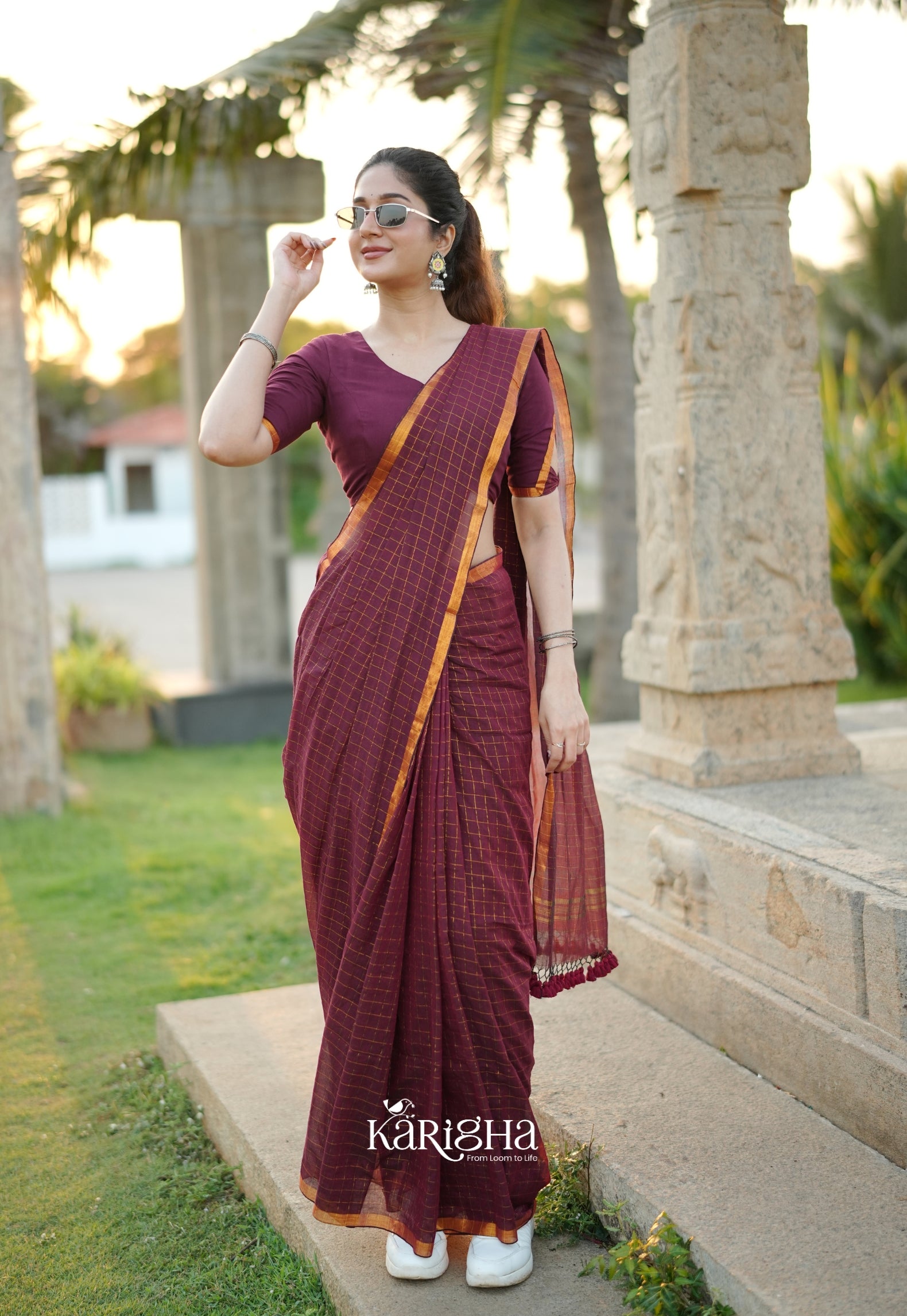 Amber Check Heritage Mul Cotton Saree