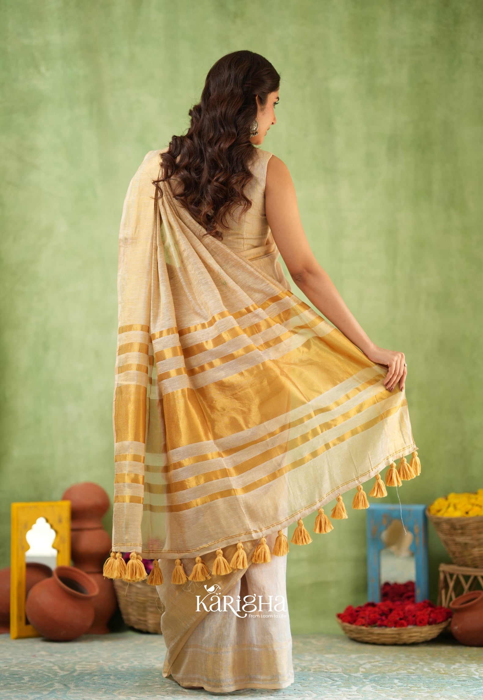 Regal Fringe Glow – Cotton Linen Saree with Rich Gold Edge