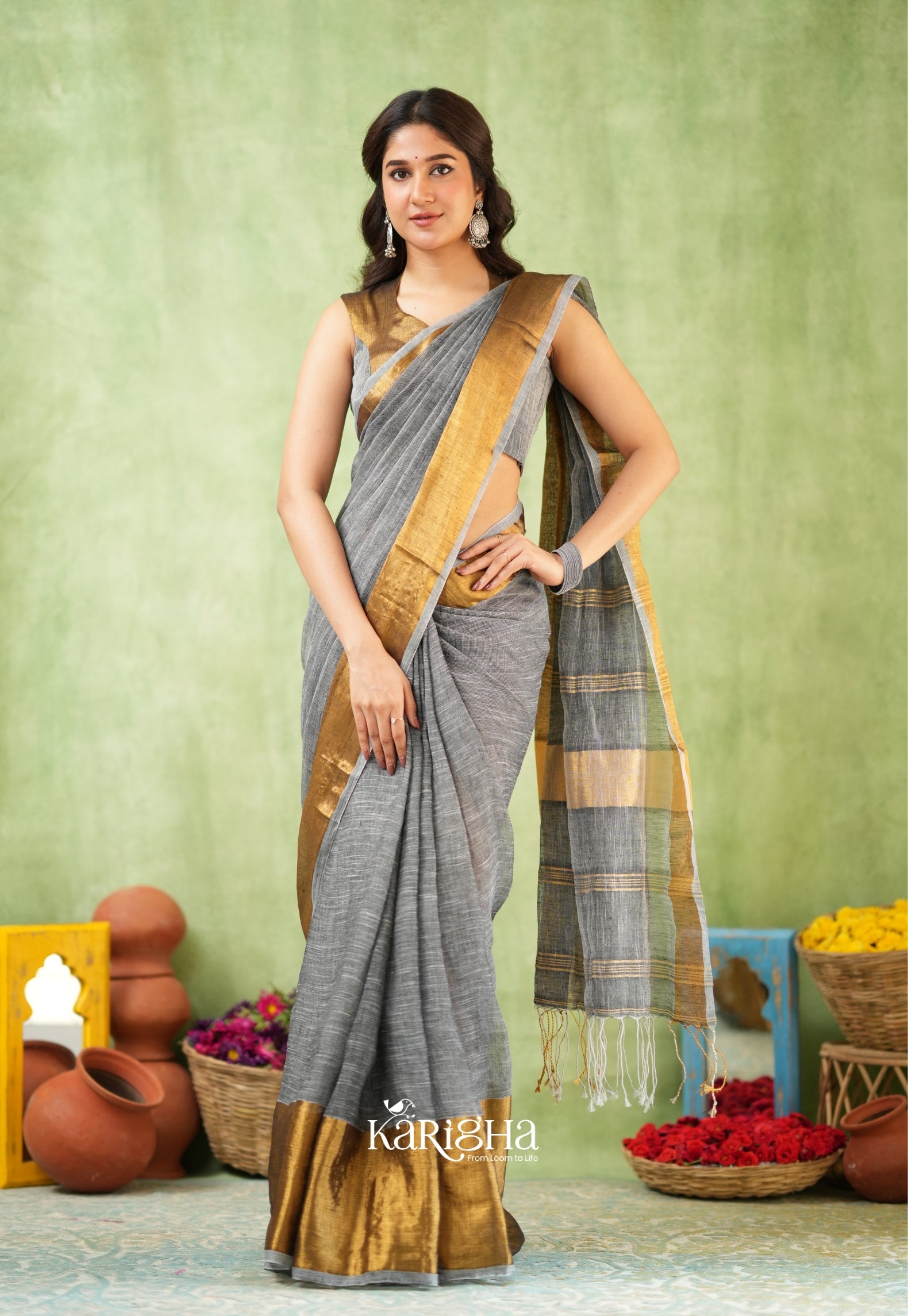 Gilded Linen Grace – Cotton Linen Saree with Radiant Edge