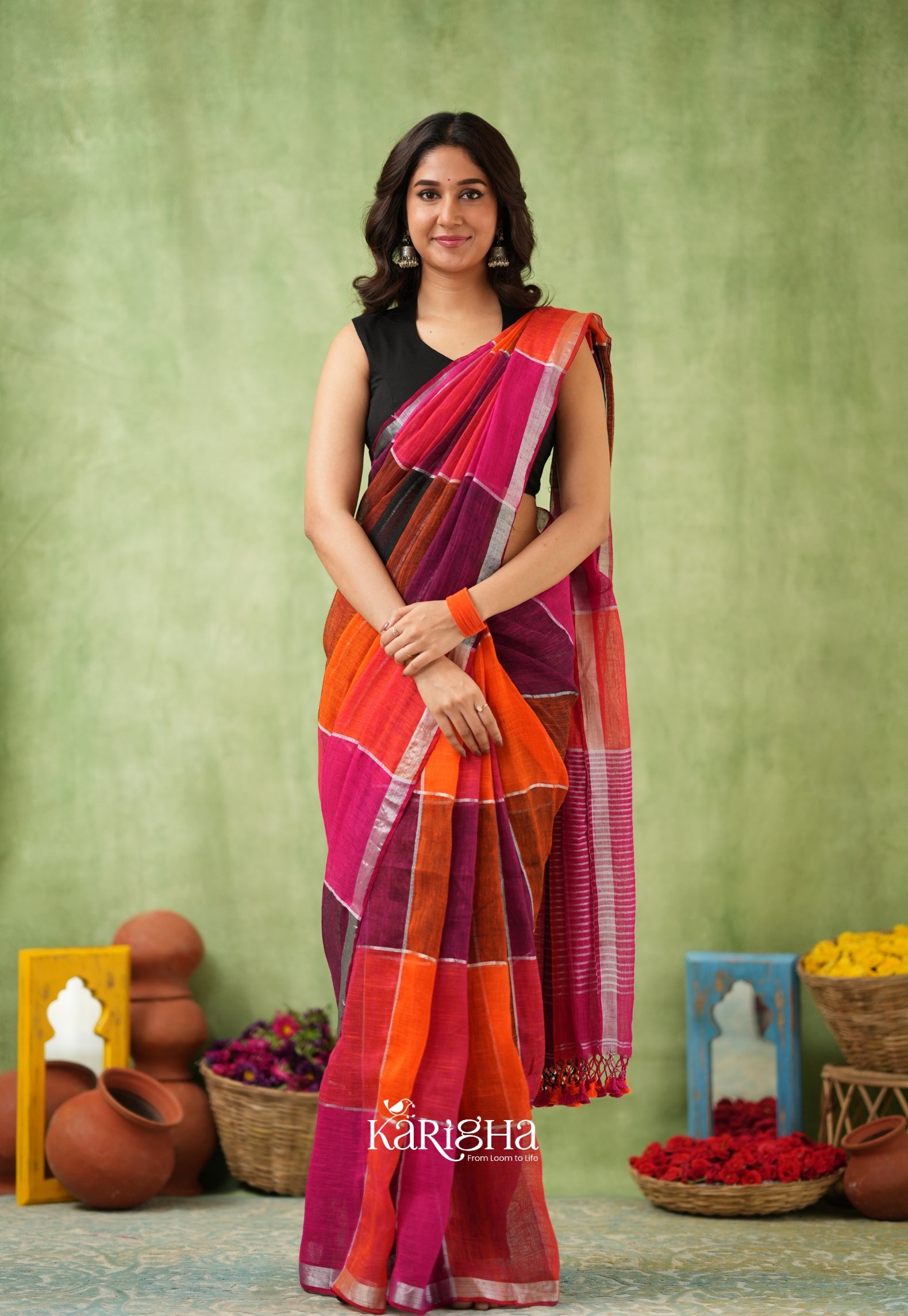 Urban Palette – Linen Cotton Saree with Contemporary Color Panels