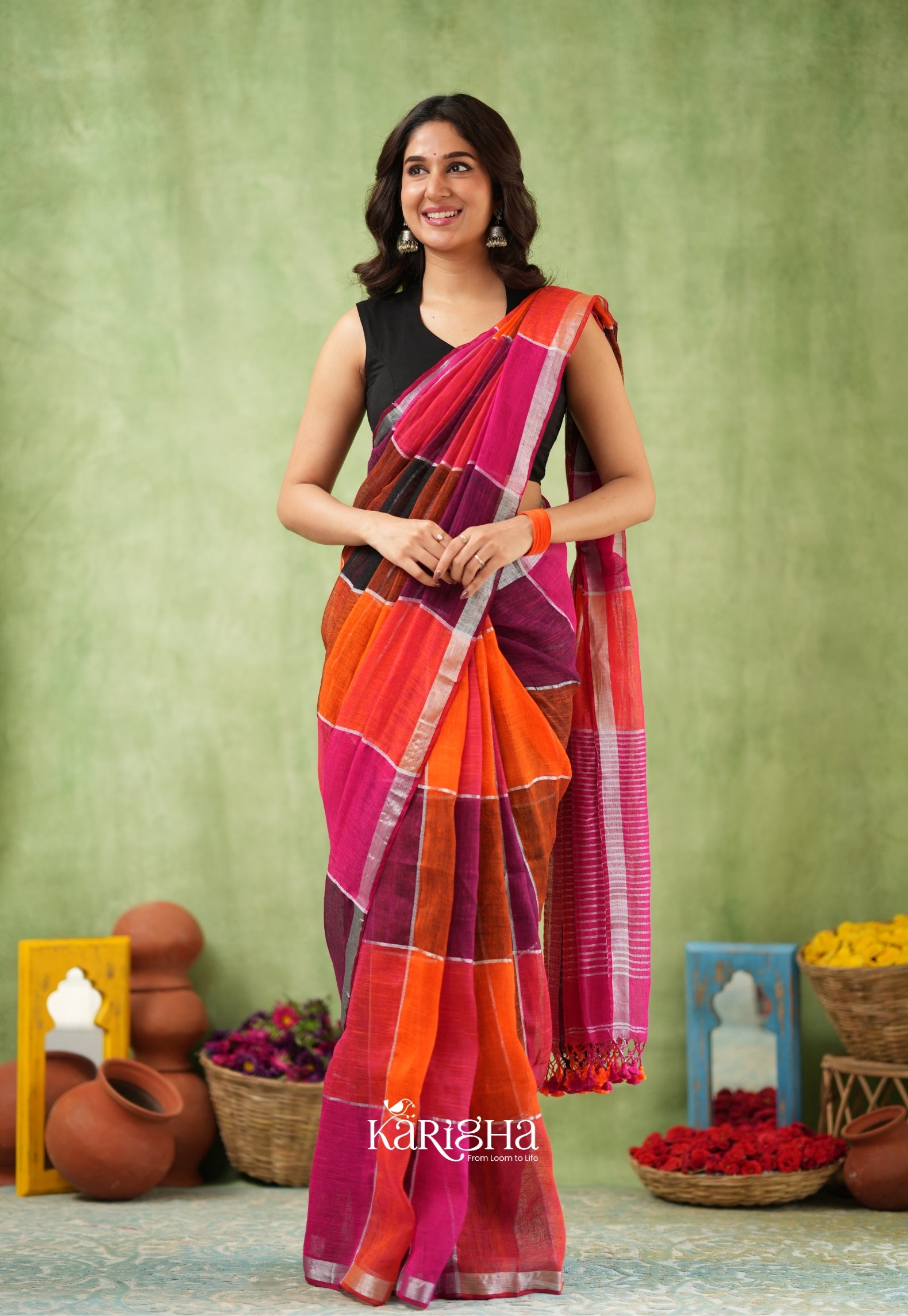 Urban Palette – Linen Cotton Saree with Contemporary Color Panels