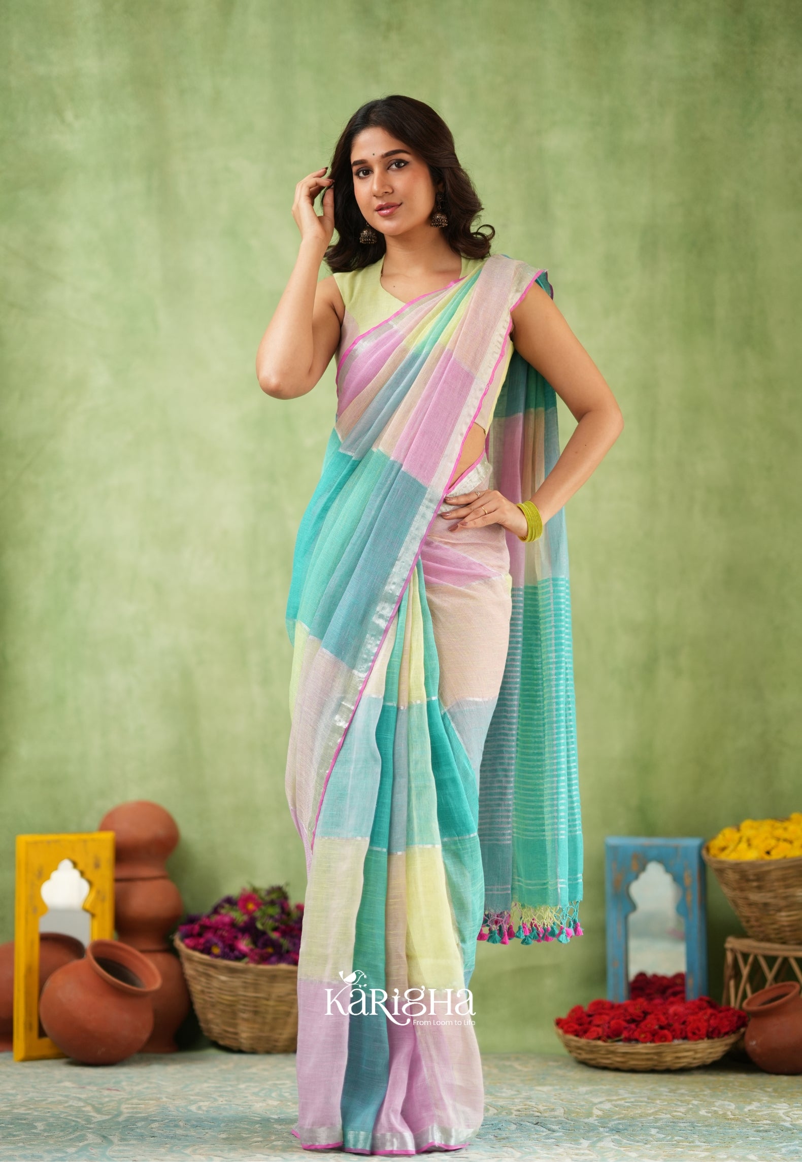Urban Palette – Linen Cotton Saree with Contemporary Color Panels