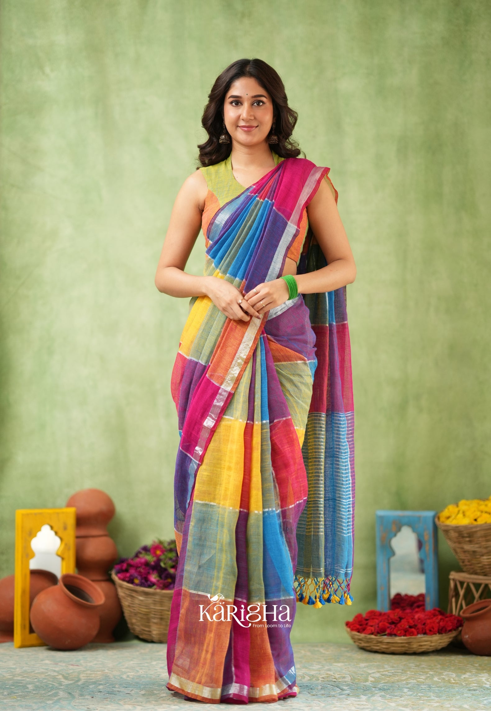 Urban Palette – Linen Cotton Saree with Contemporary Color Panels