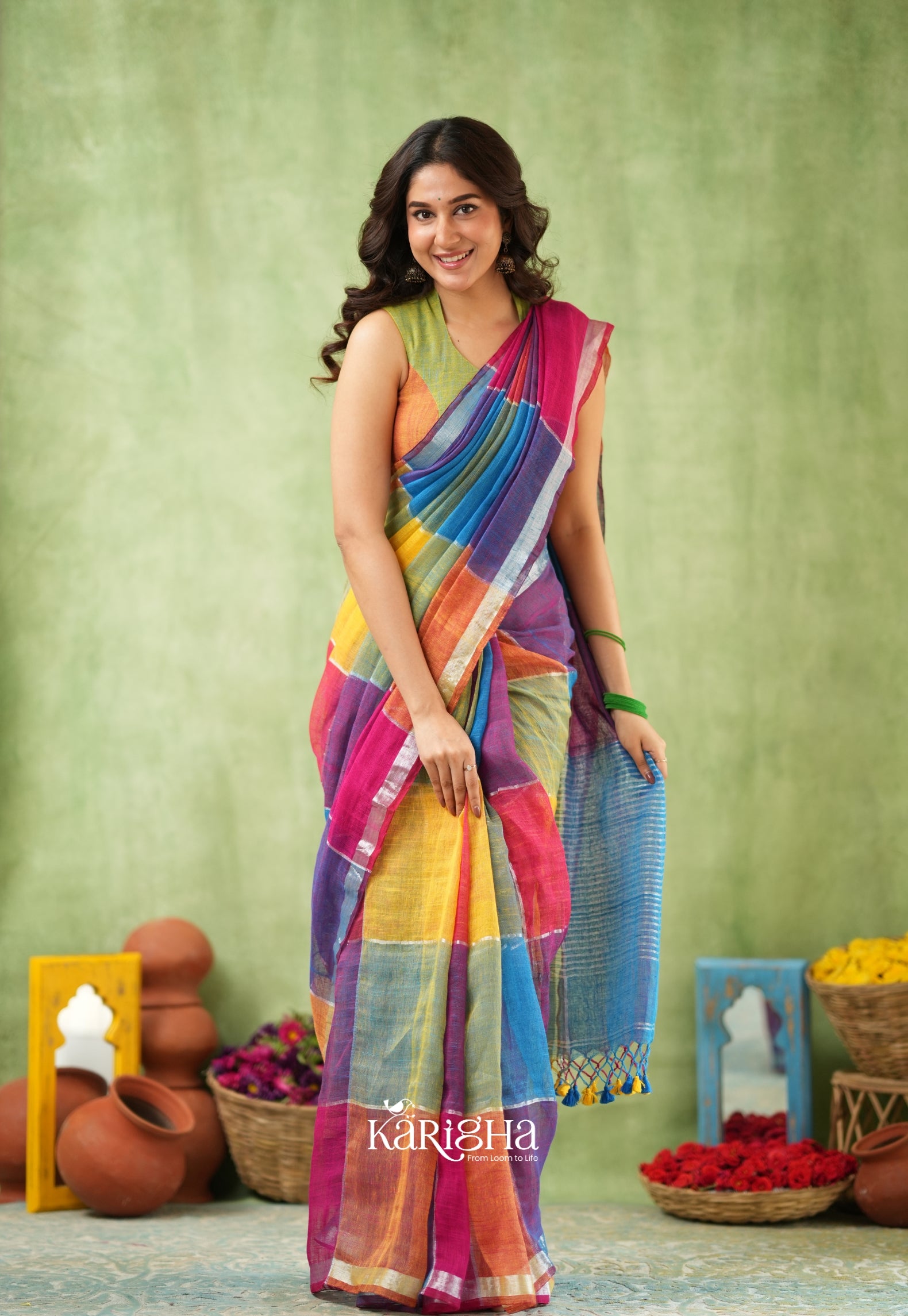 Urban Palette – Linen Cotton Saree with Contemporary Color Panels