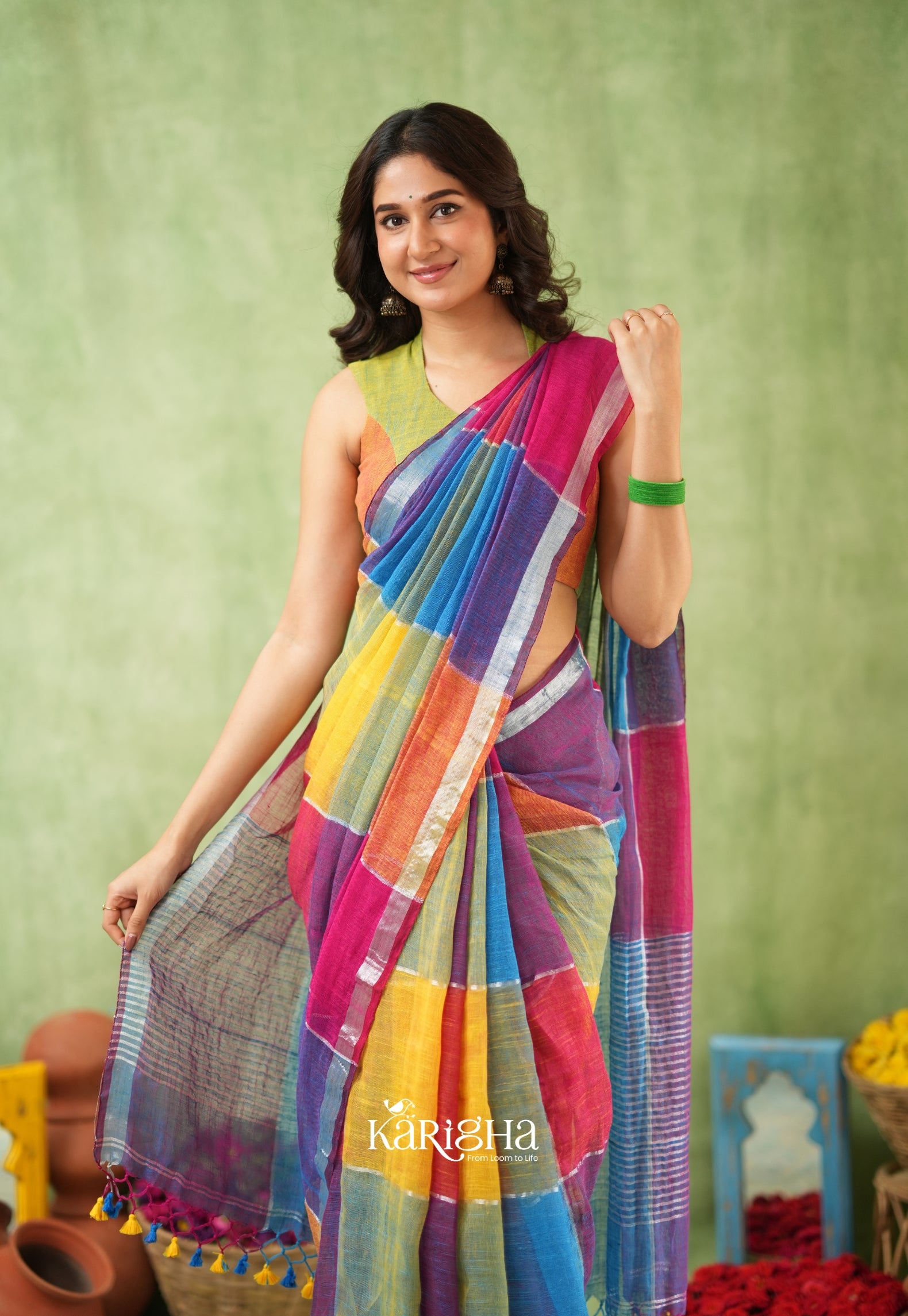 Urban Palette – Linen Cotton Saree with Contemporary Color Panels
