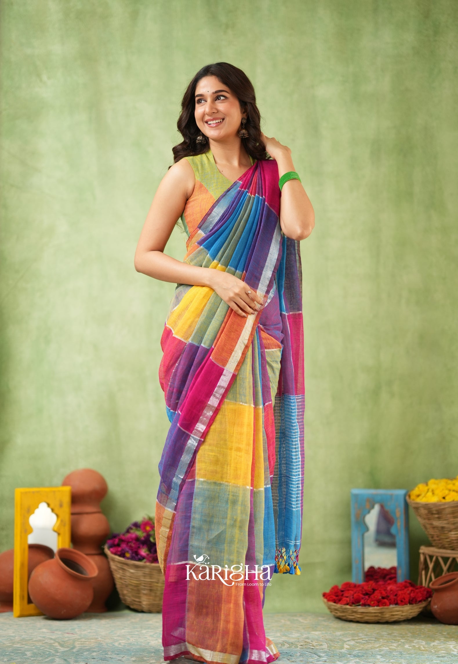 Urban Palette – Linen Cotton Saree with Contemporary Color Panels