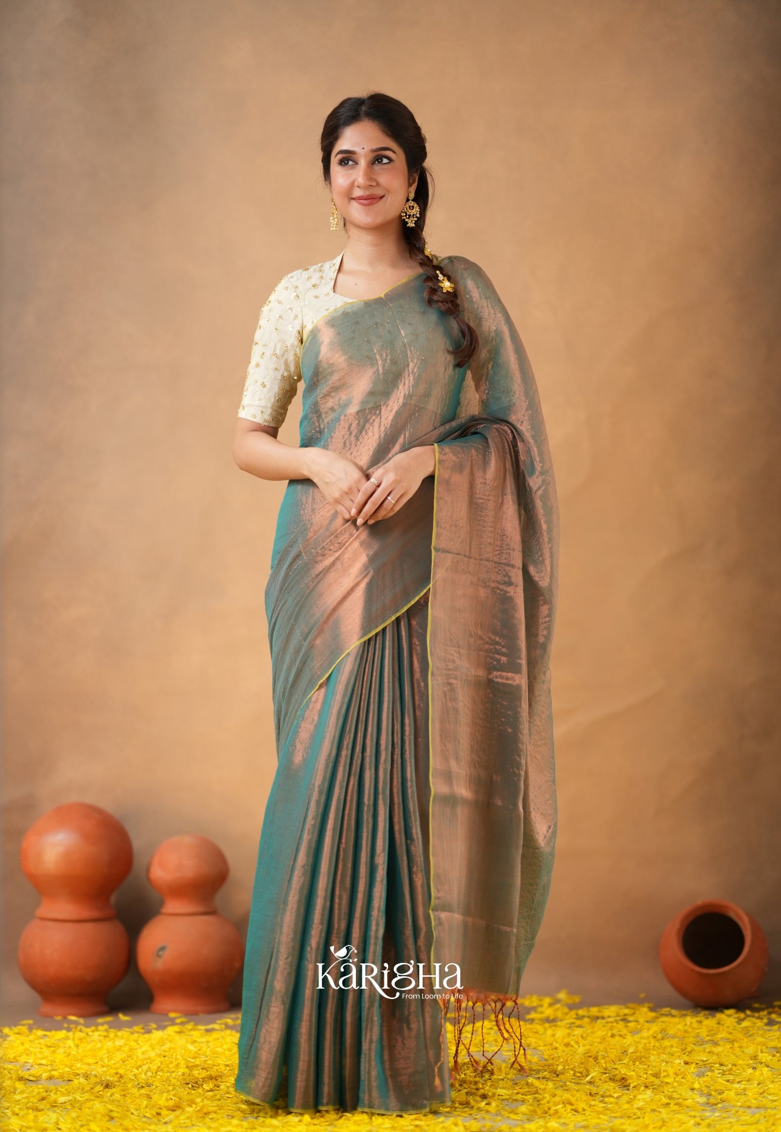 Pearl Petal – Tissue Saree with Delicate Bead Accents
