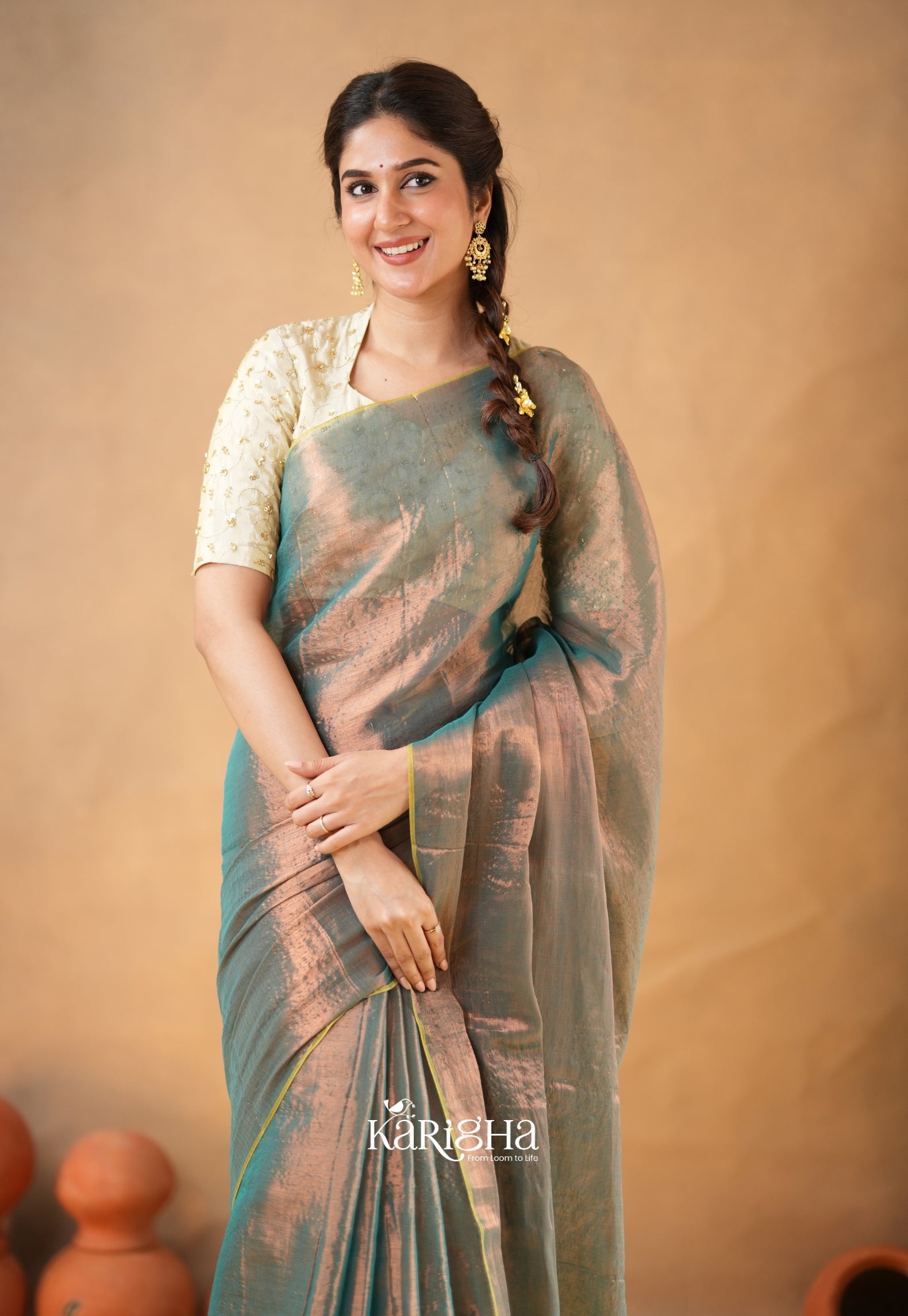 Pearl Petal – Tissue Saree with Delicate Bead Accents