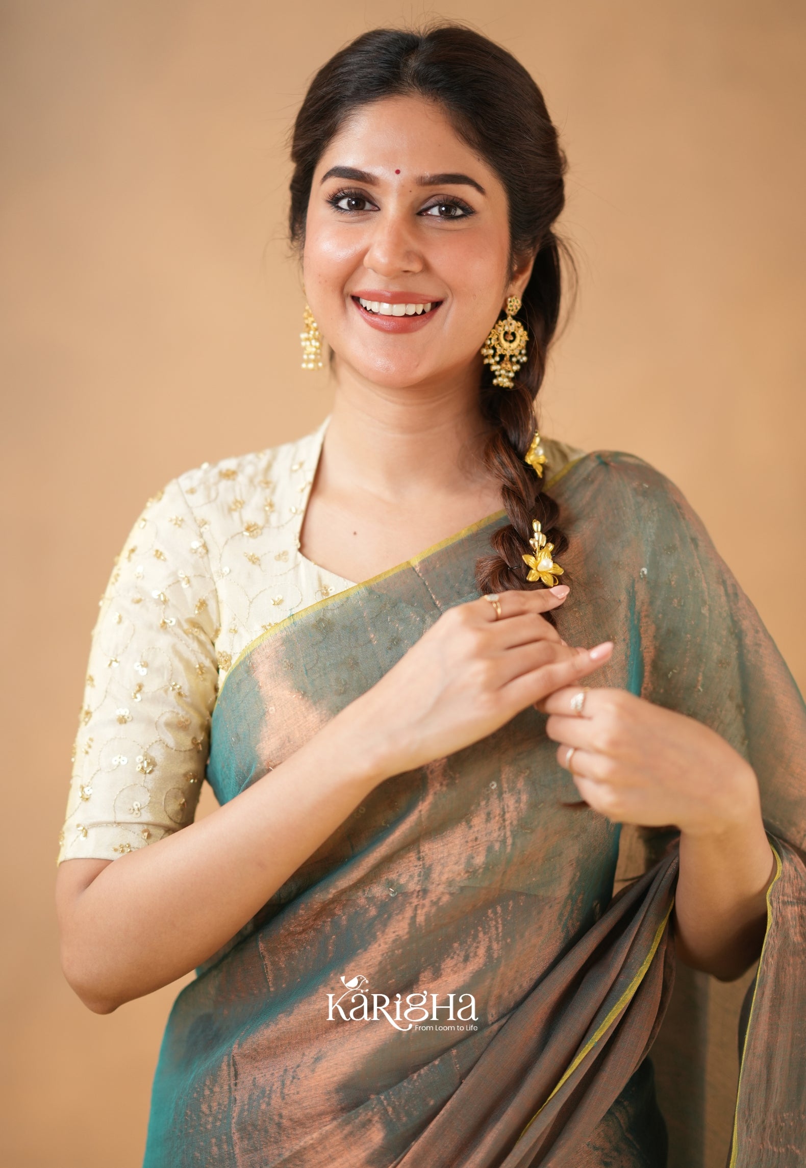 Pearl Petal – Tissue Saree with Delicate Bead Accents