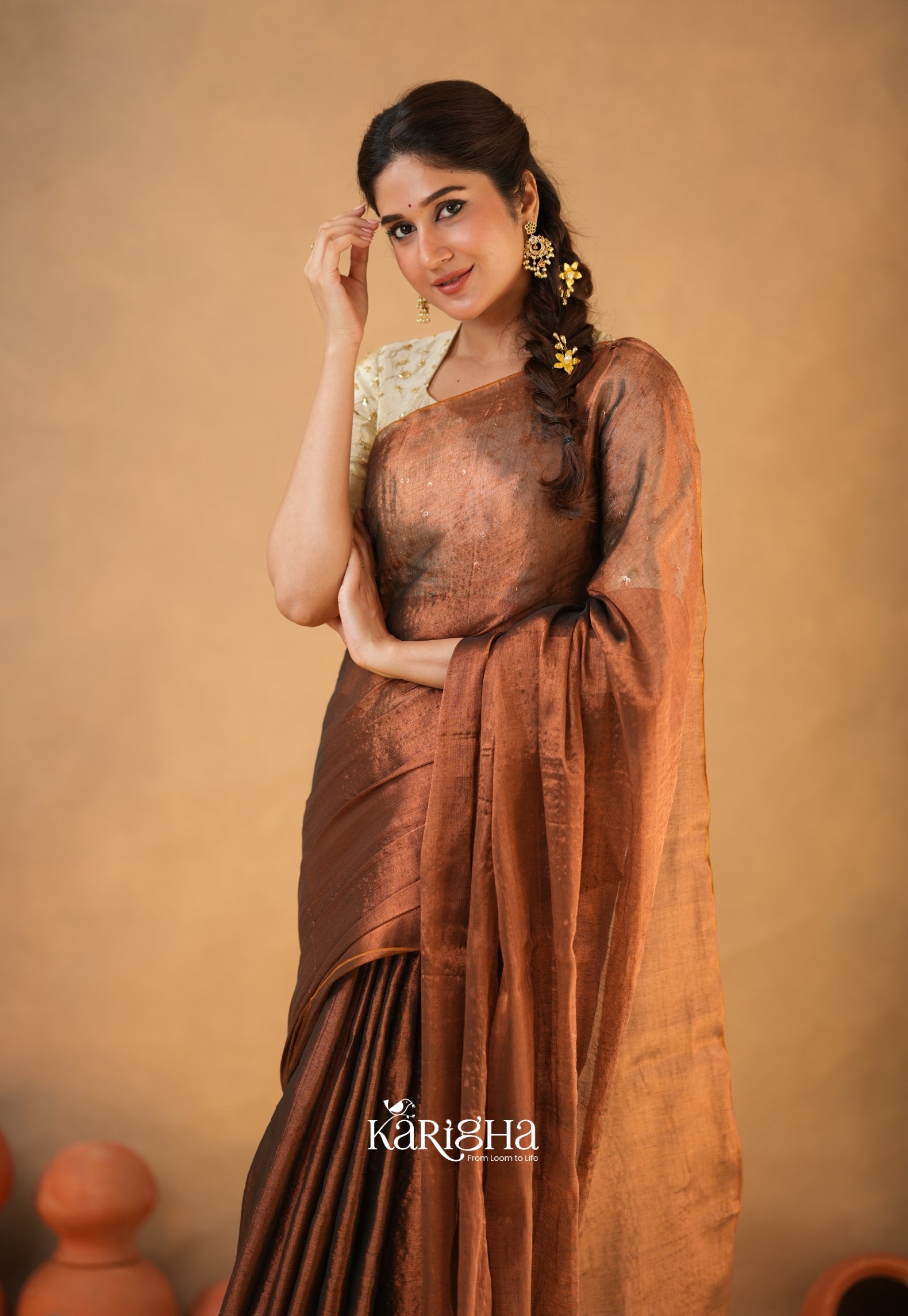 Pearl Petal – Tissue Saree with Delicate Bead Accents