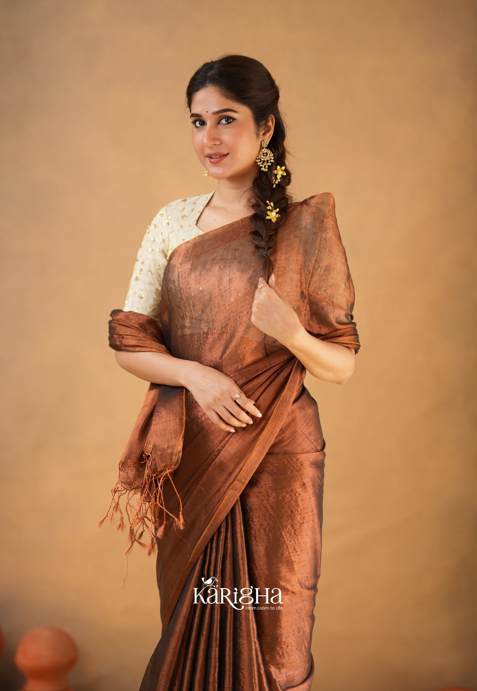 Pearl Petal – Tissue Saree with Delicate Bead Accents