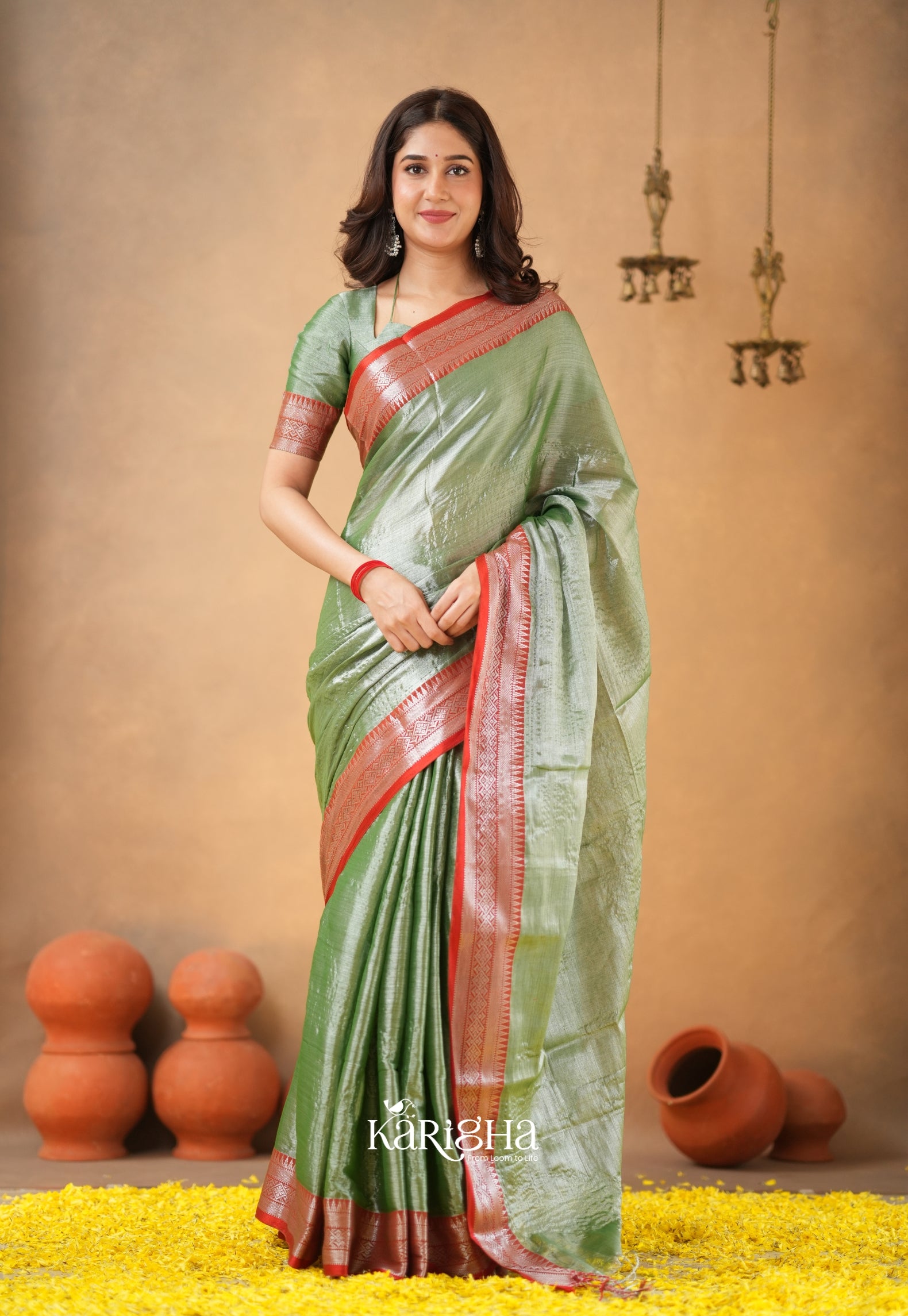 Vermilion Grace – Elegant Tissue Saree with Statement Edge