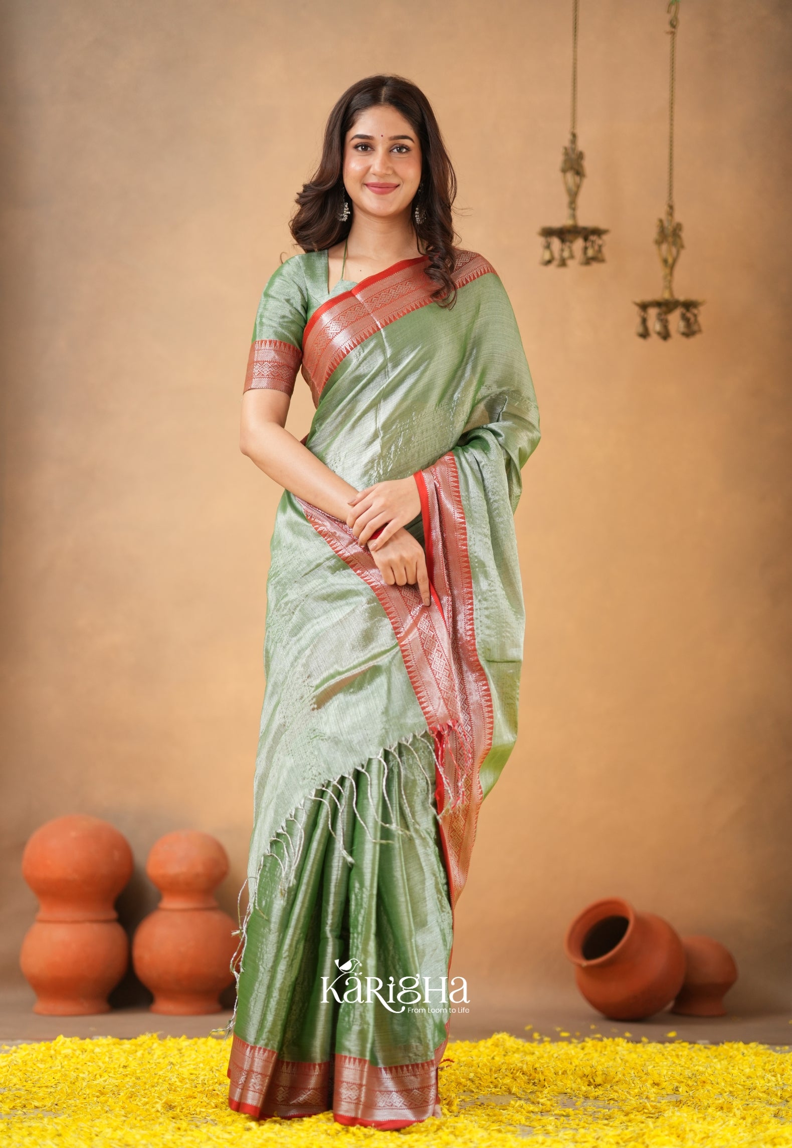 Vermilion Grace – Elegant Tissue Saree with Statement Edge
