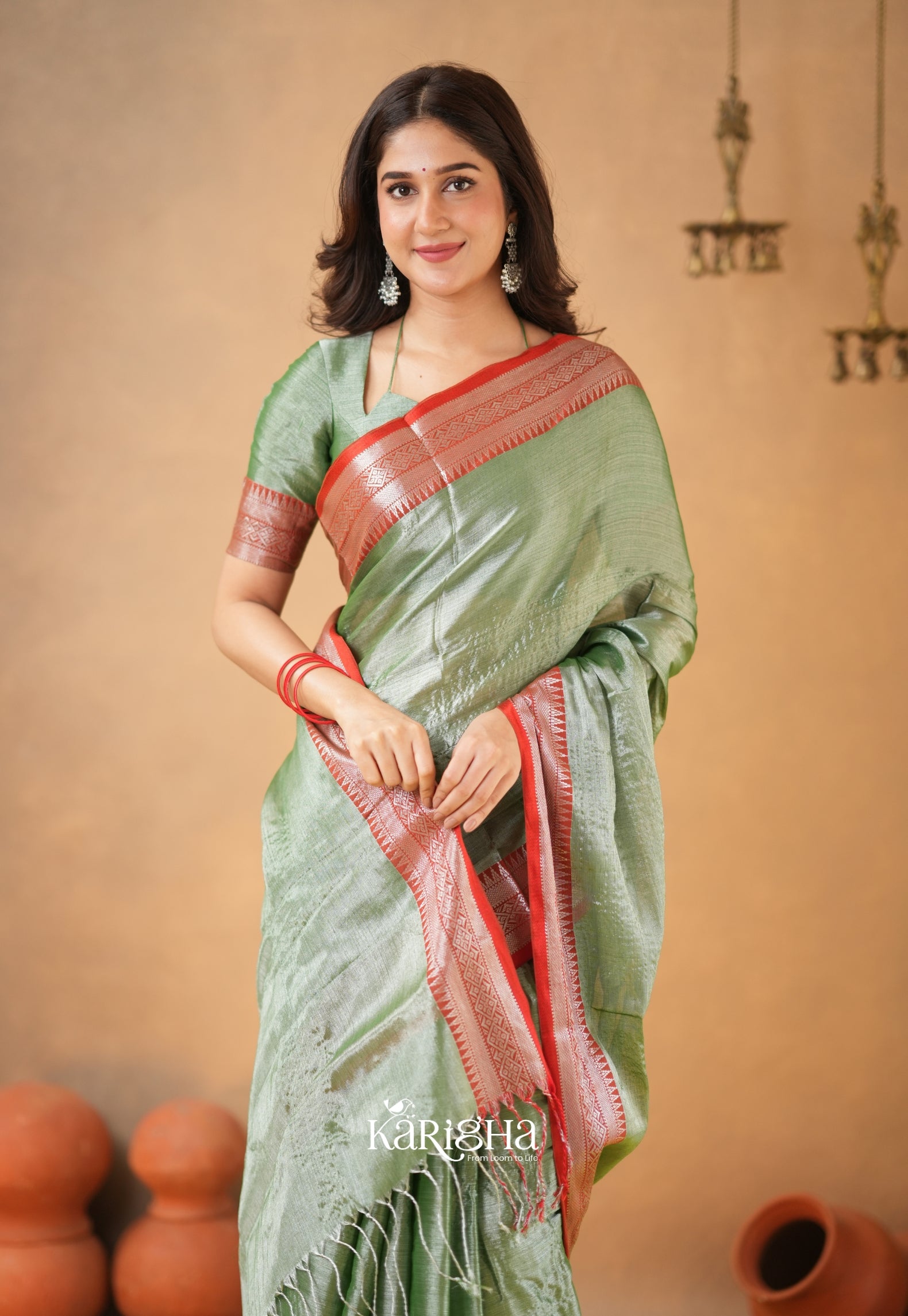 Vermilion Grace – Elegant Tissue Saree with Statement Edge