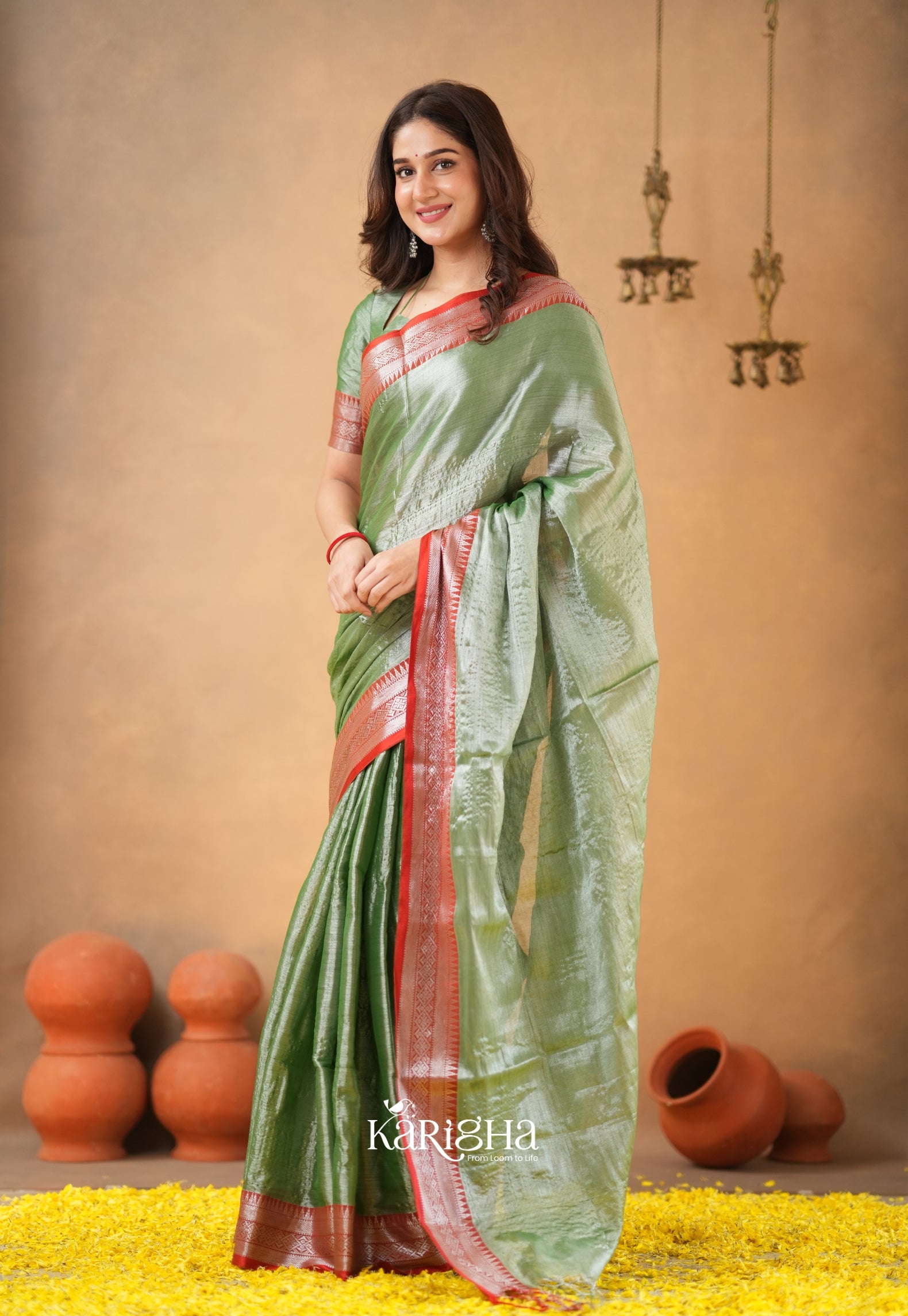 Vermilion Grace – Elegant Tissue Saree with Statement Edge