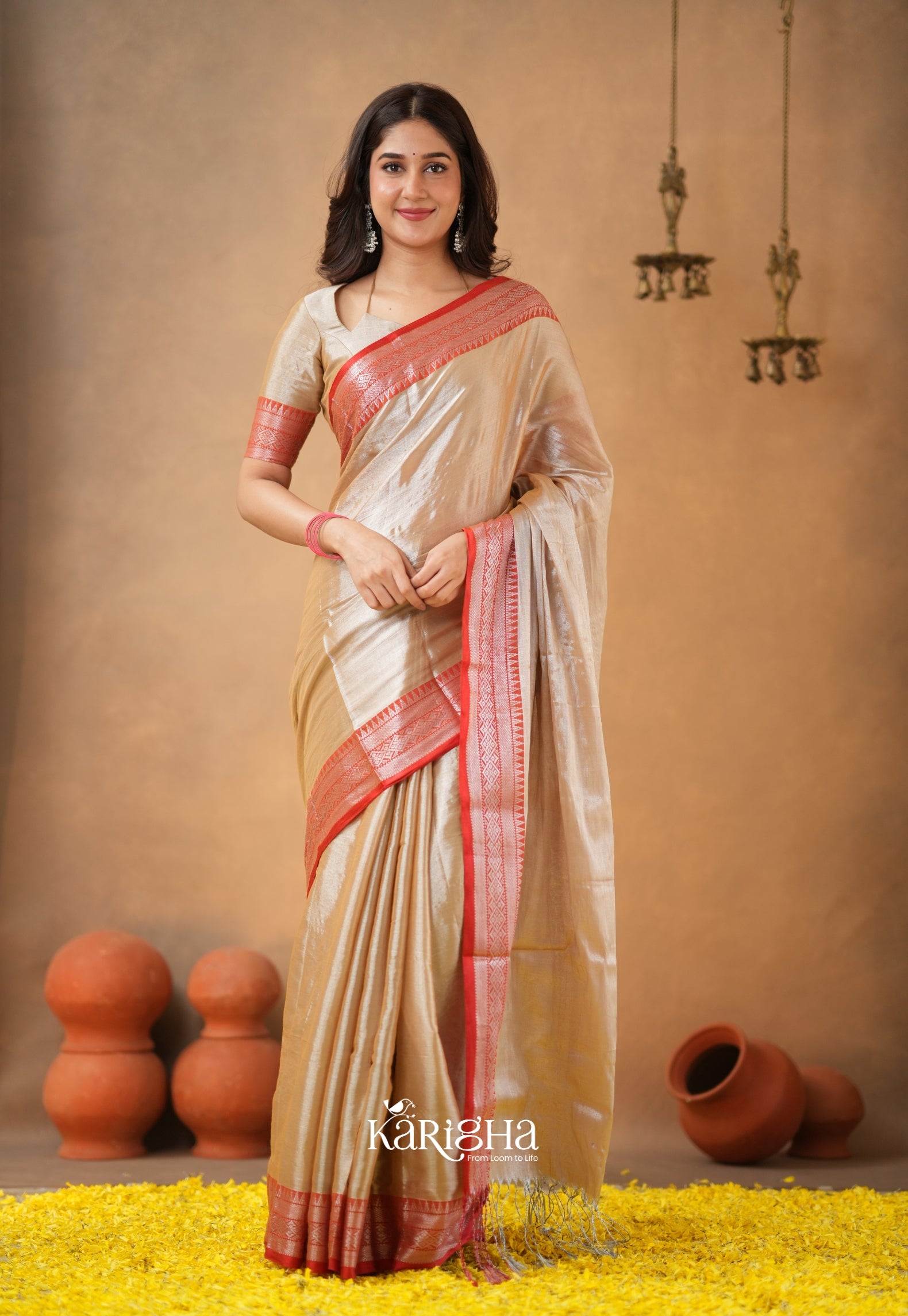 Vermilion Grace – Elegant Tissue Saree with Statement Edge