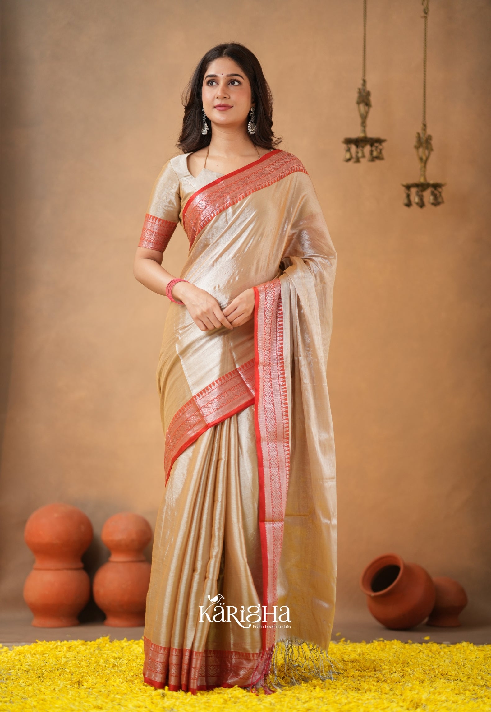 Vermilion Grace – Elegant Tissue Saree with Statement Edge