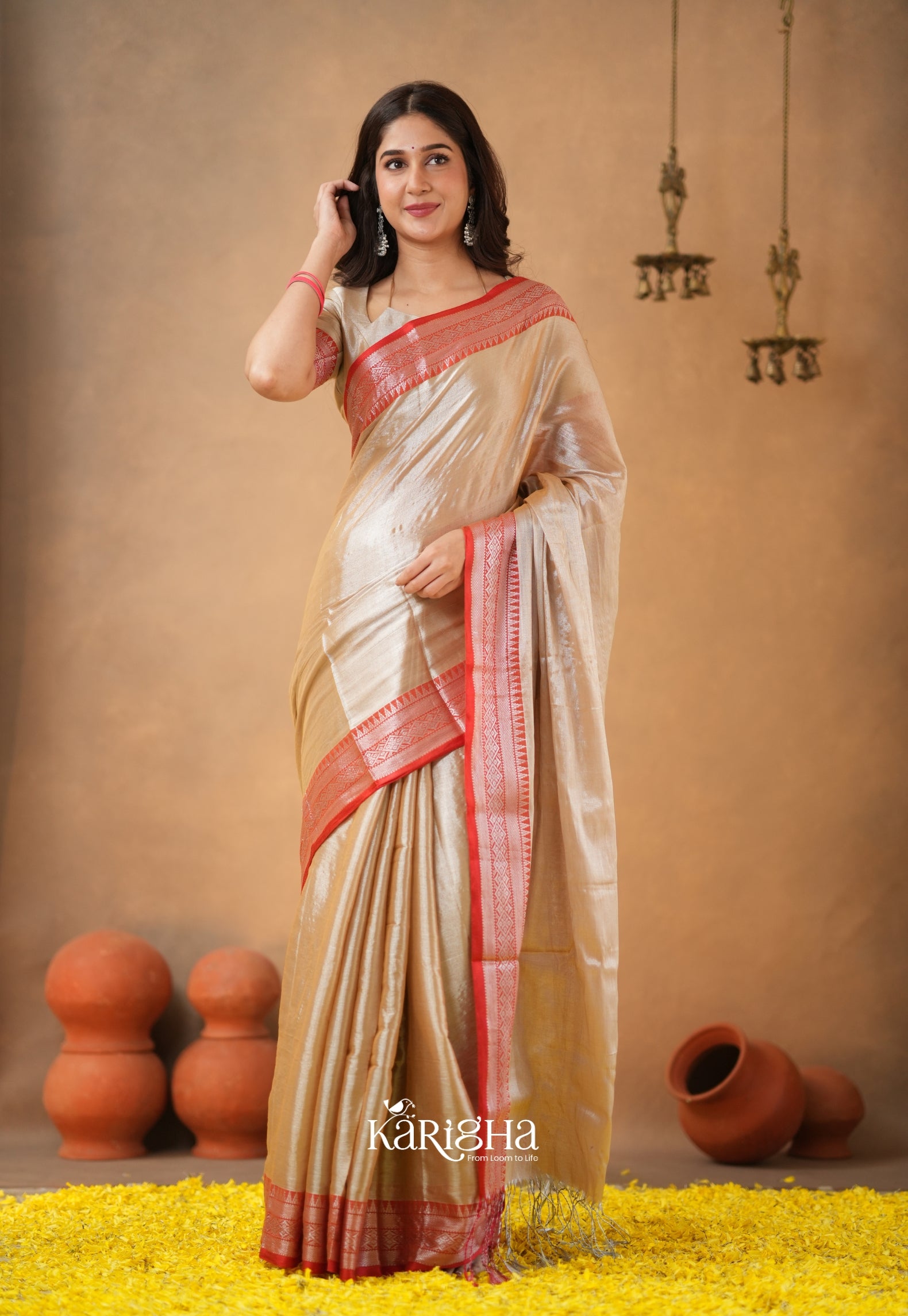 Vermilion Grace – Elegant Tissue Saree with Statement Edge