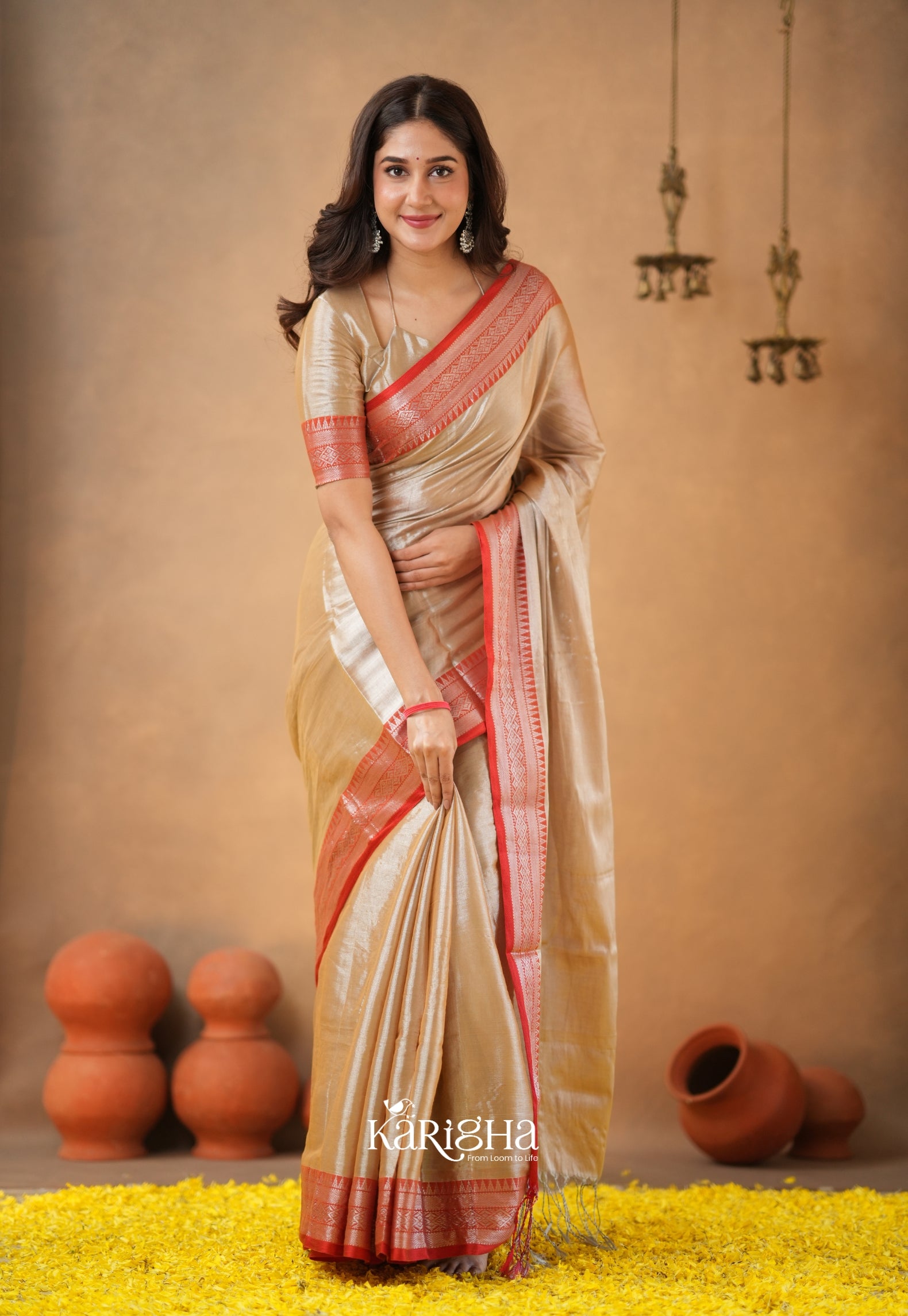 Vermilion Grace – Elegant Tissue Saree with Statement Edge