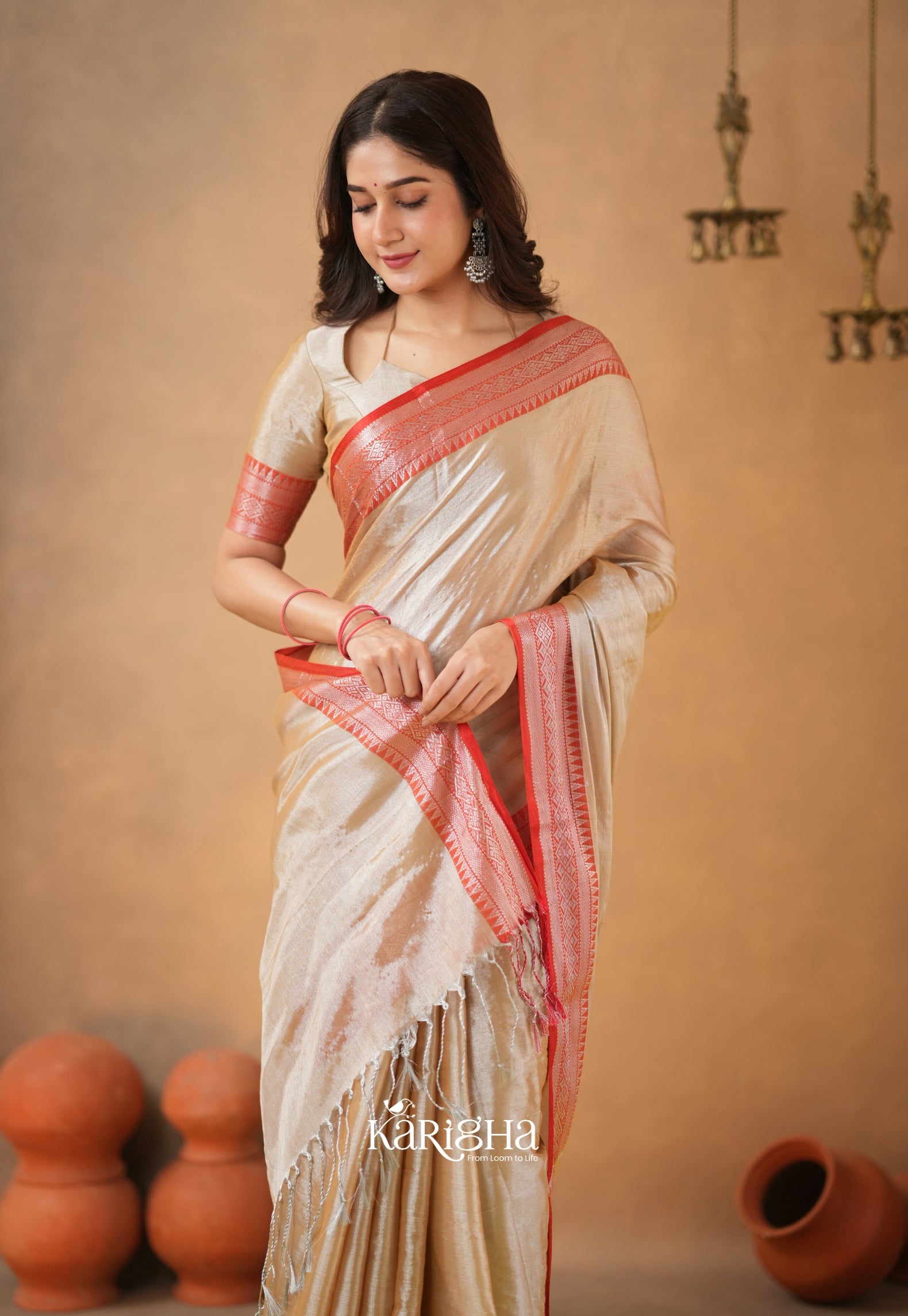 Vermilion Grace – Elegant Tissue Saree with Statement Edge