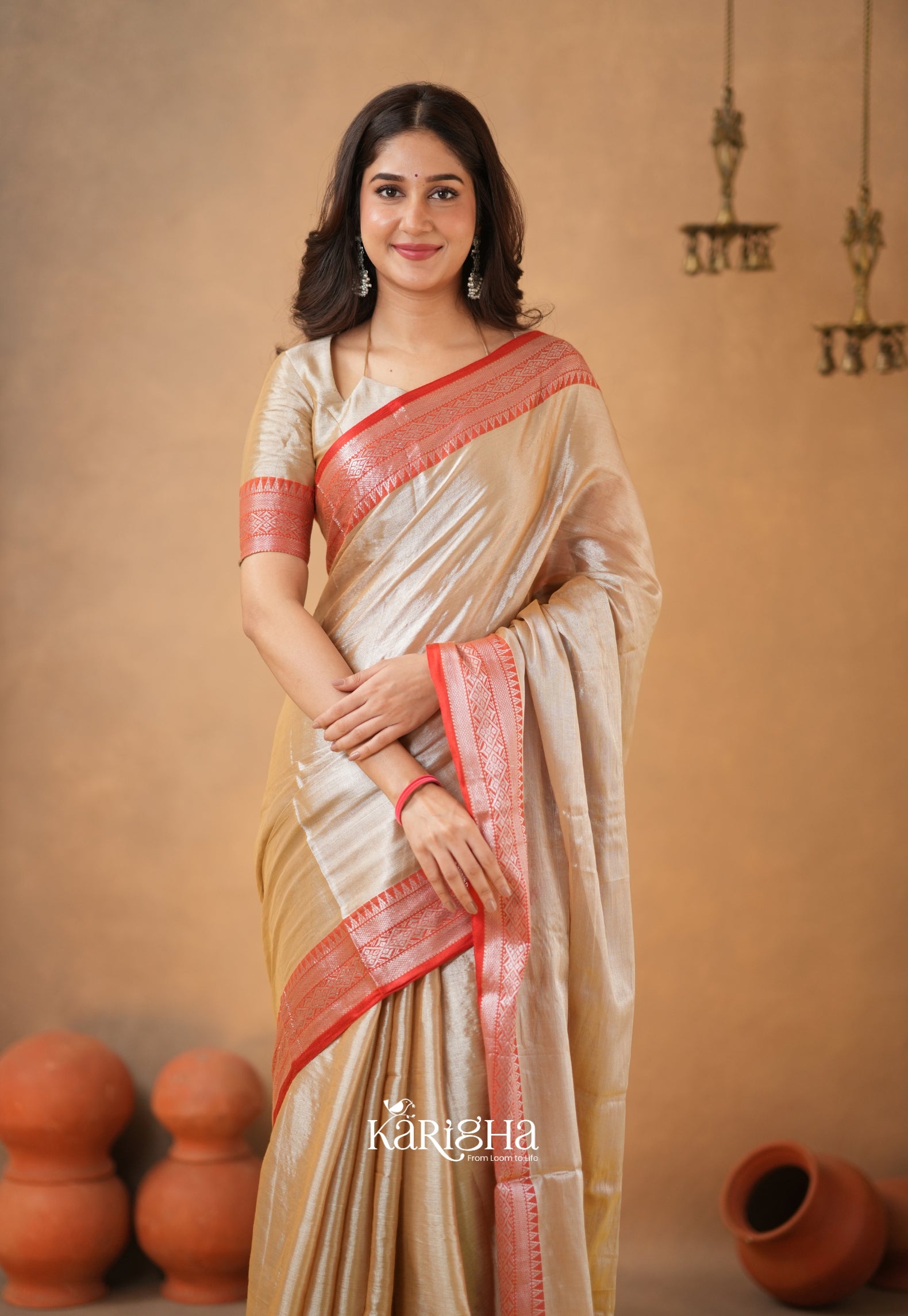 Vermilion Grace – Elegant Tissue Saree with Statement Edge