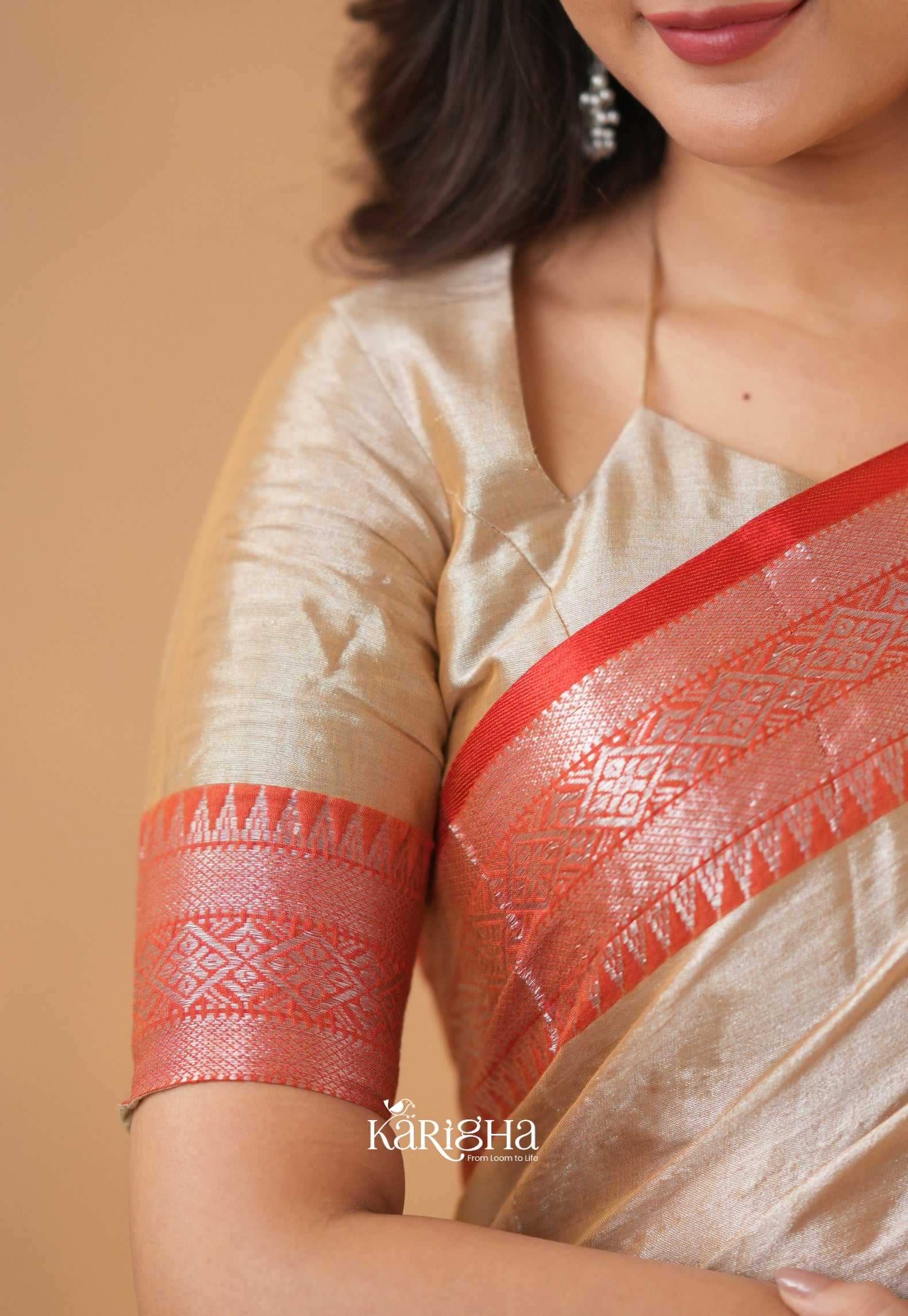 Vermilion Grace – Elegant Tissue Saree with Statement Edge