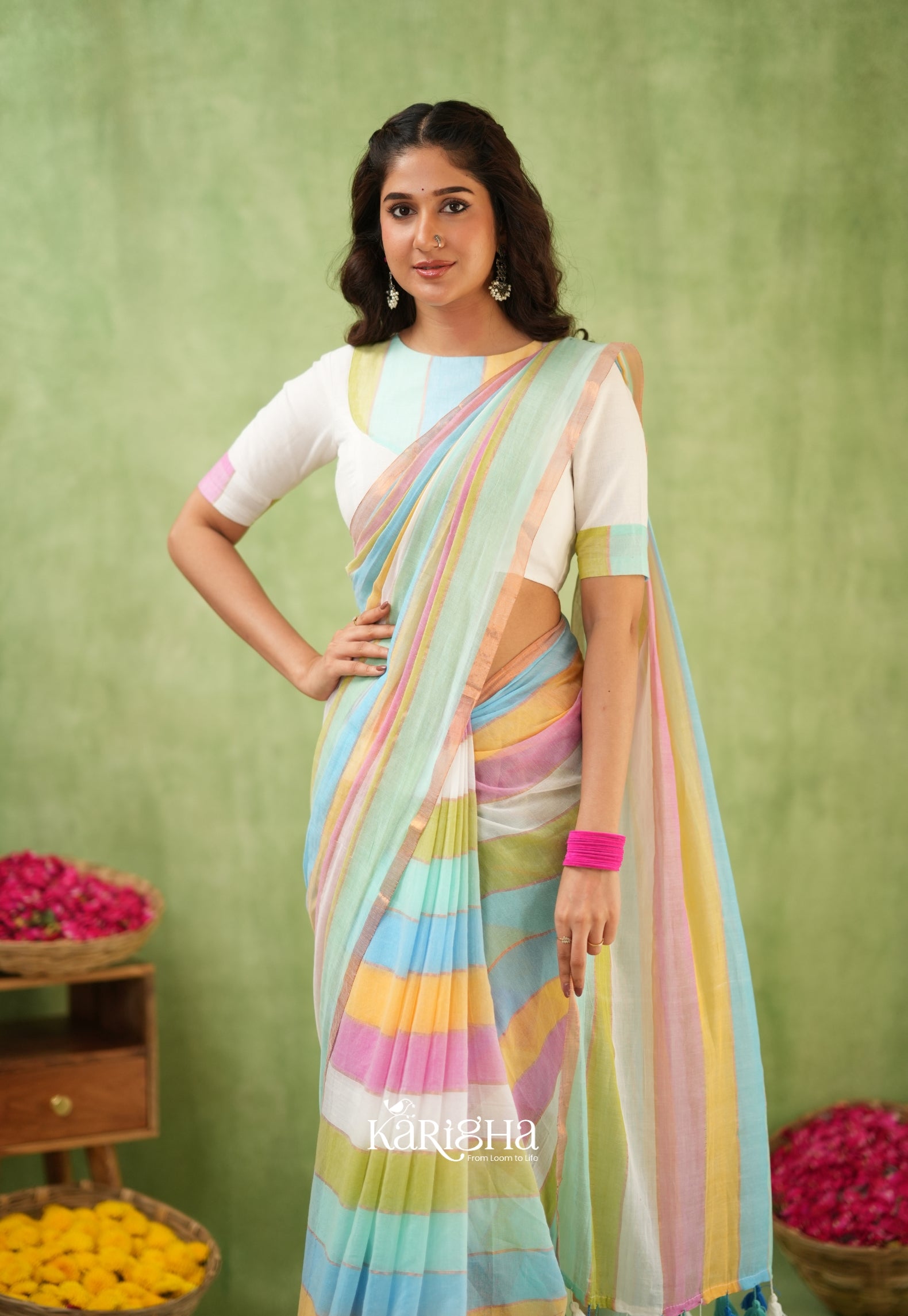 Multicolor Mul Cotton Saree – Vibrant Weave Magic