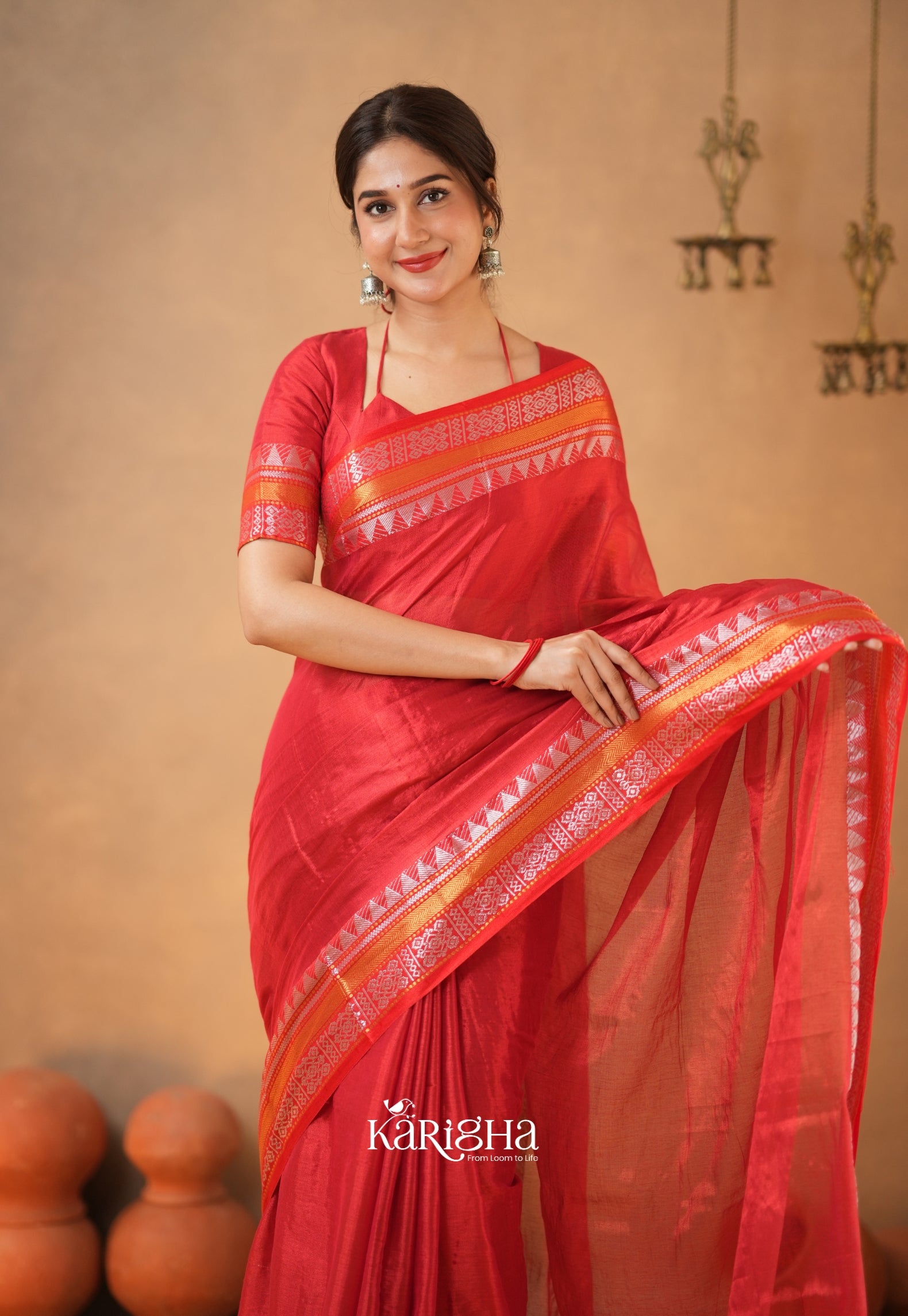 Ruby Loom – Elegant Tissue Cotton Saree with Artful Finish