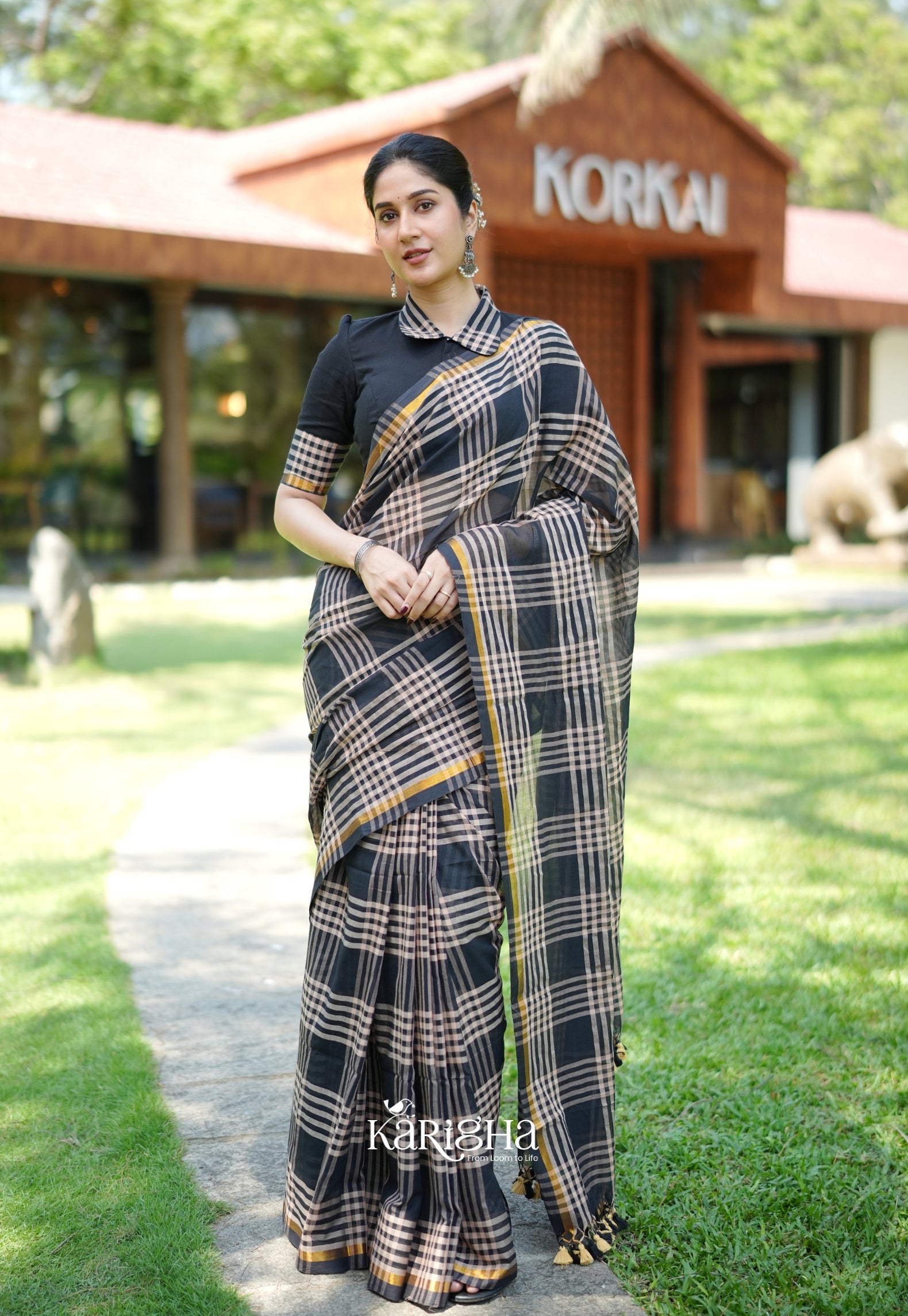 Raven Thread Check Charm Saree