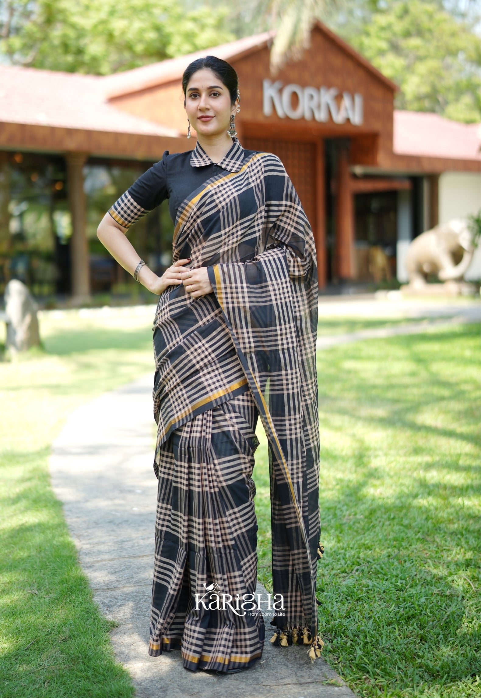 Raven Thread Check Charm Saree