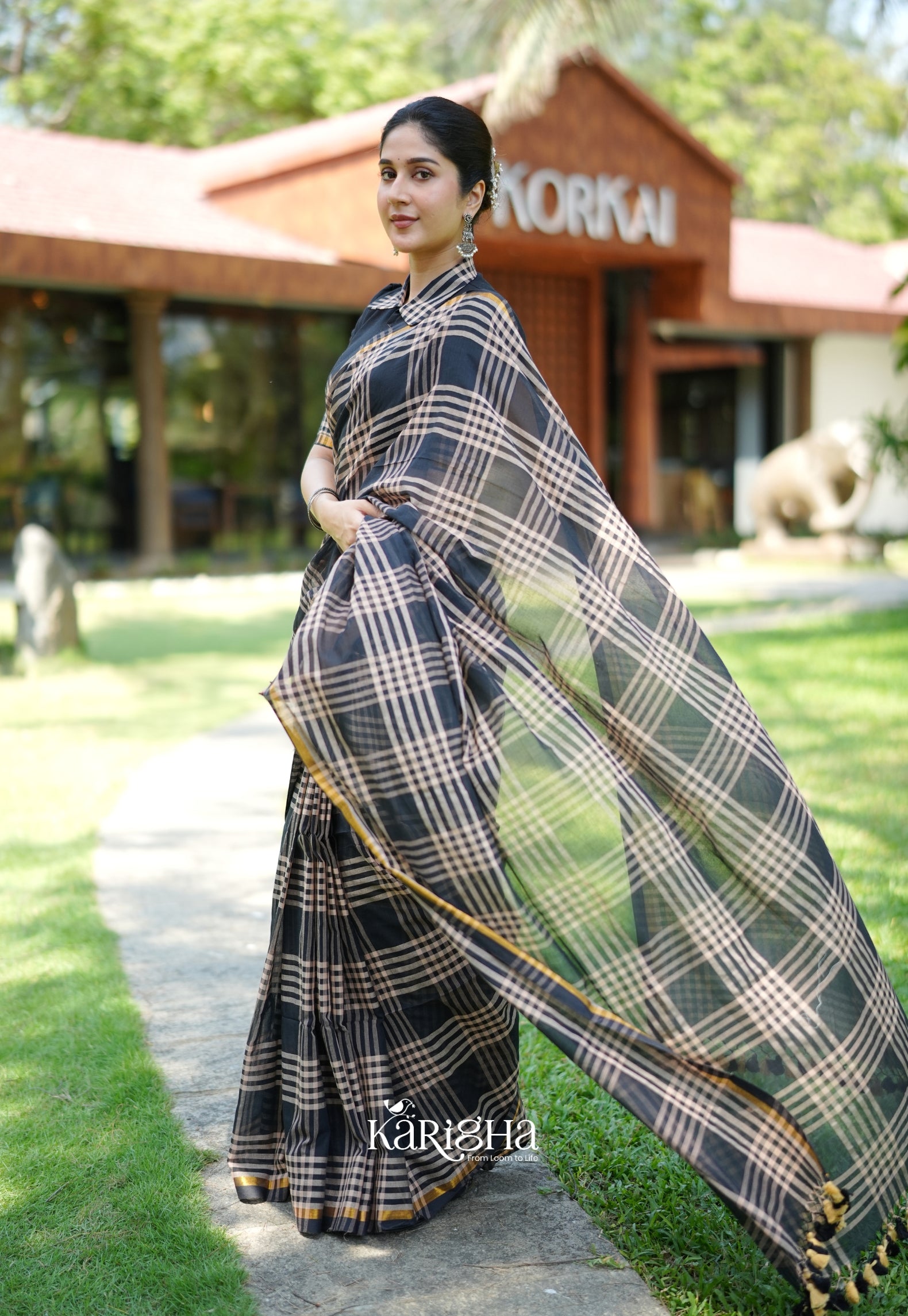 Raven Thread Check Charm Saree