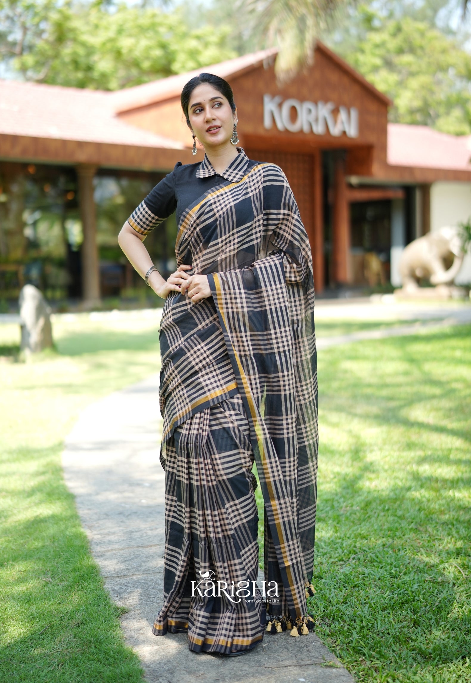 Raven Thread Check Charm Saree